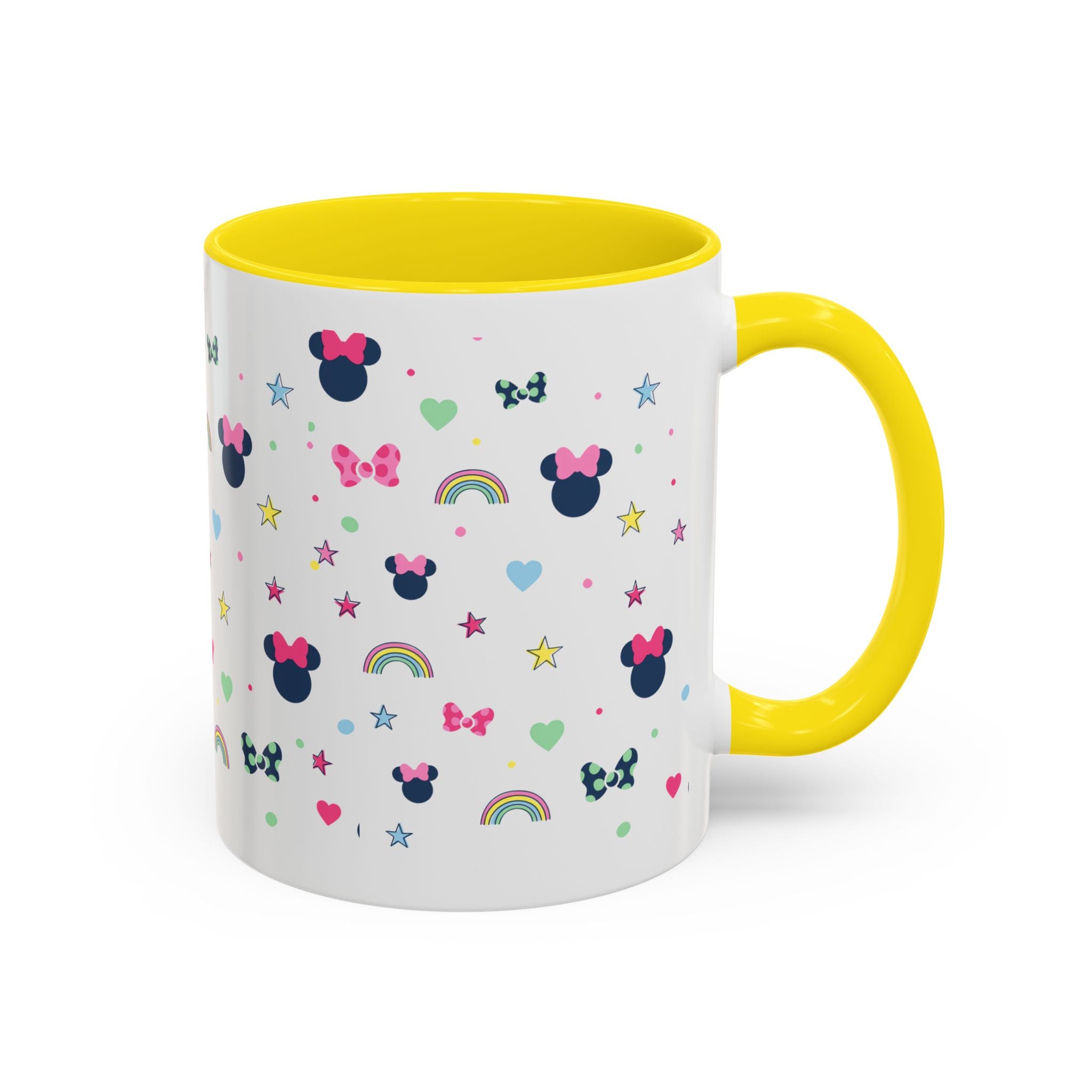 Minnie Dots Accent Coffee Mug — Cute Rainbow & Bow Pattern (11oz)