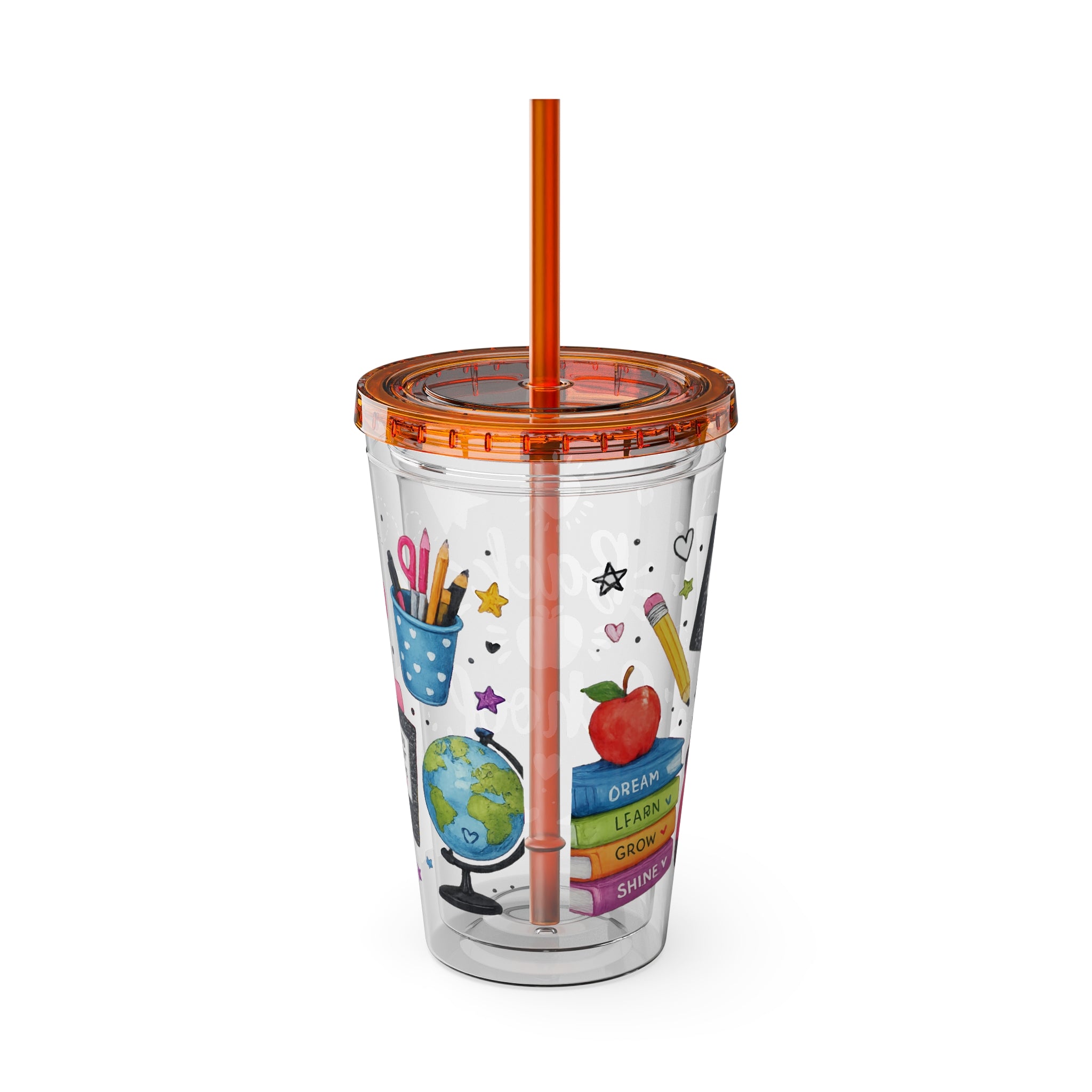 Back to School 16oz Tumbler with Straw – Cute School Supplies Design