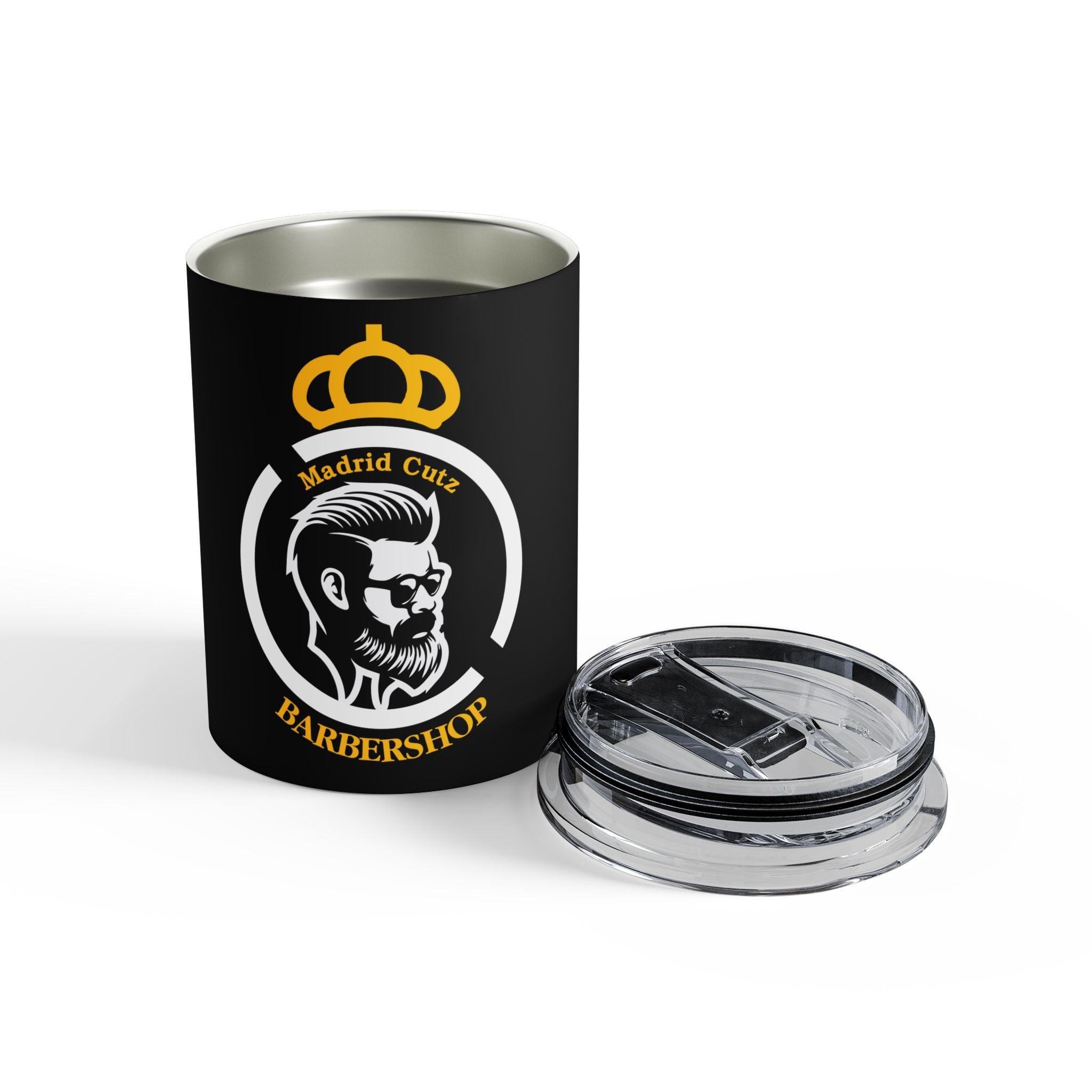 Barbershop Logo 10oz Tumbler — Madrid Cutz King Beard Coffee Cup