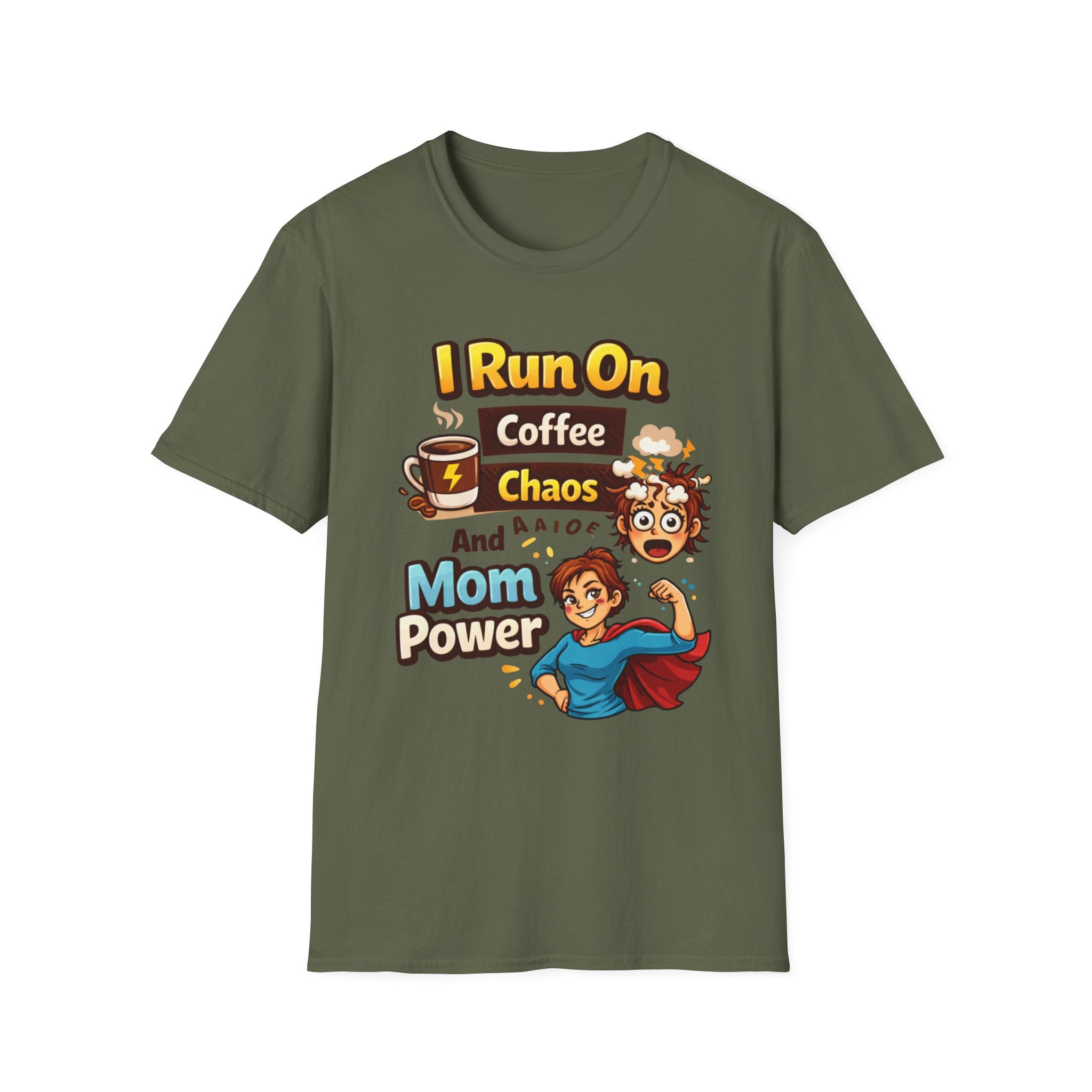 Mom Power T-Shirt — "I Run On Coffee, Chaos and Mom Power" Graphic Tee