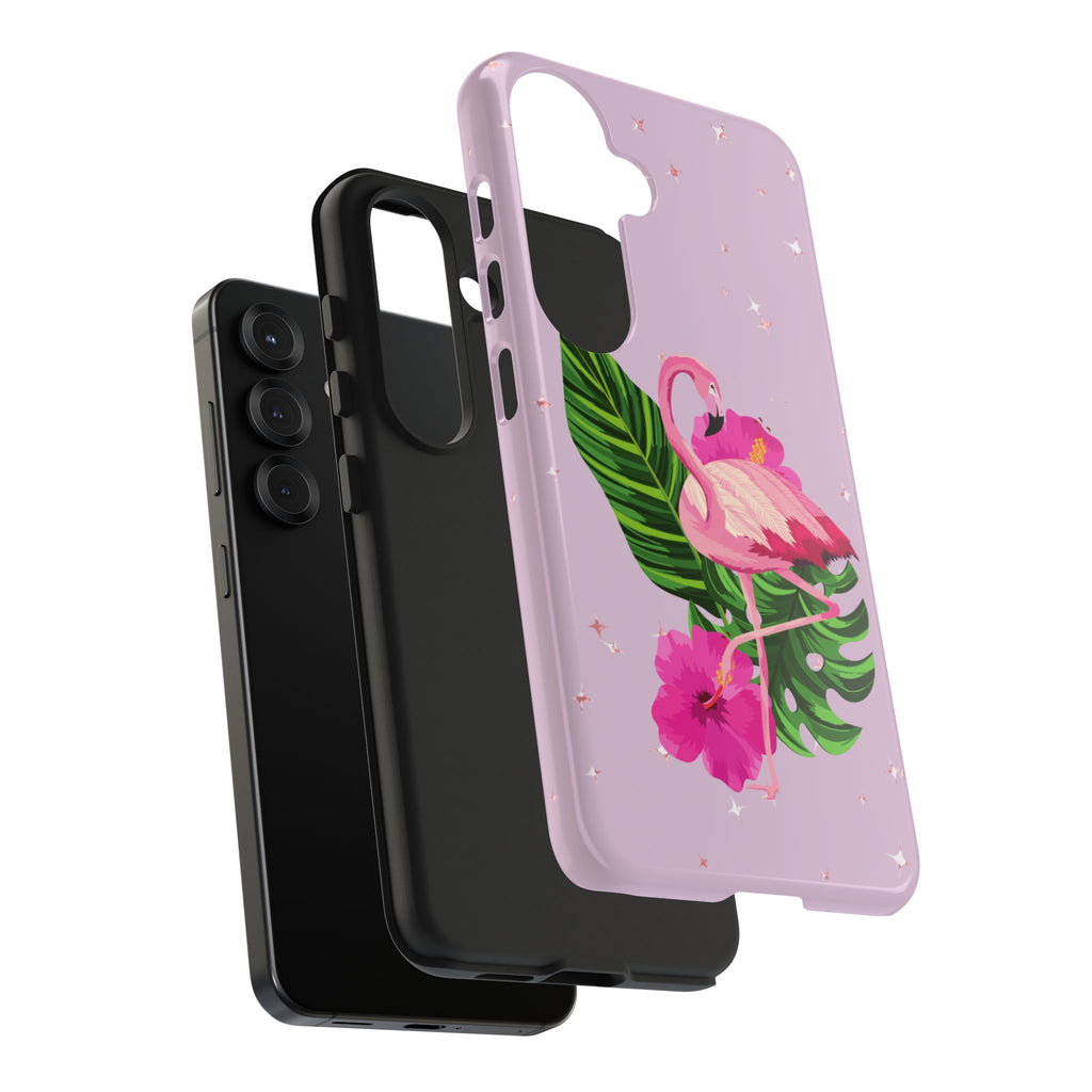 Flamingo Tropical Tough Phone Case — Pink Hibiscus & Palm Leaves