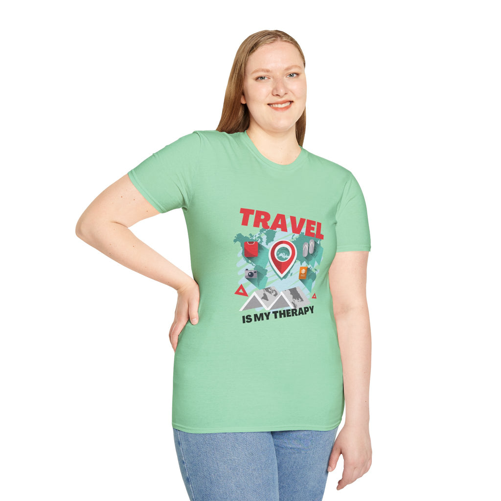 Travel Is My Therapy T-Shirt — Wanderlust Map Tee for Travelers & Adventure Lovers