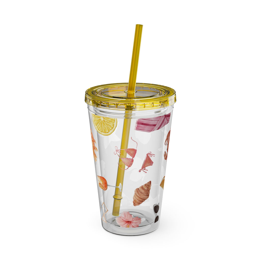 16oz Sunsplash Tumbler with Straw — Beach Shell & Tropical Watercolor Pattern