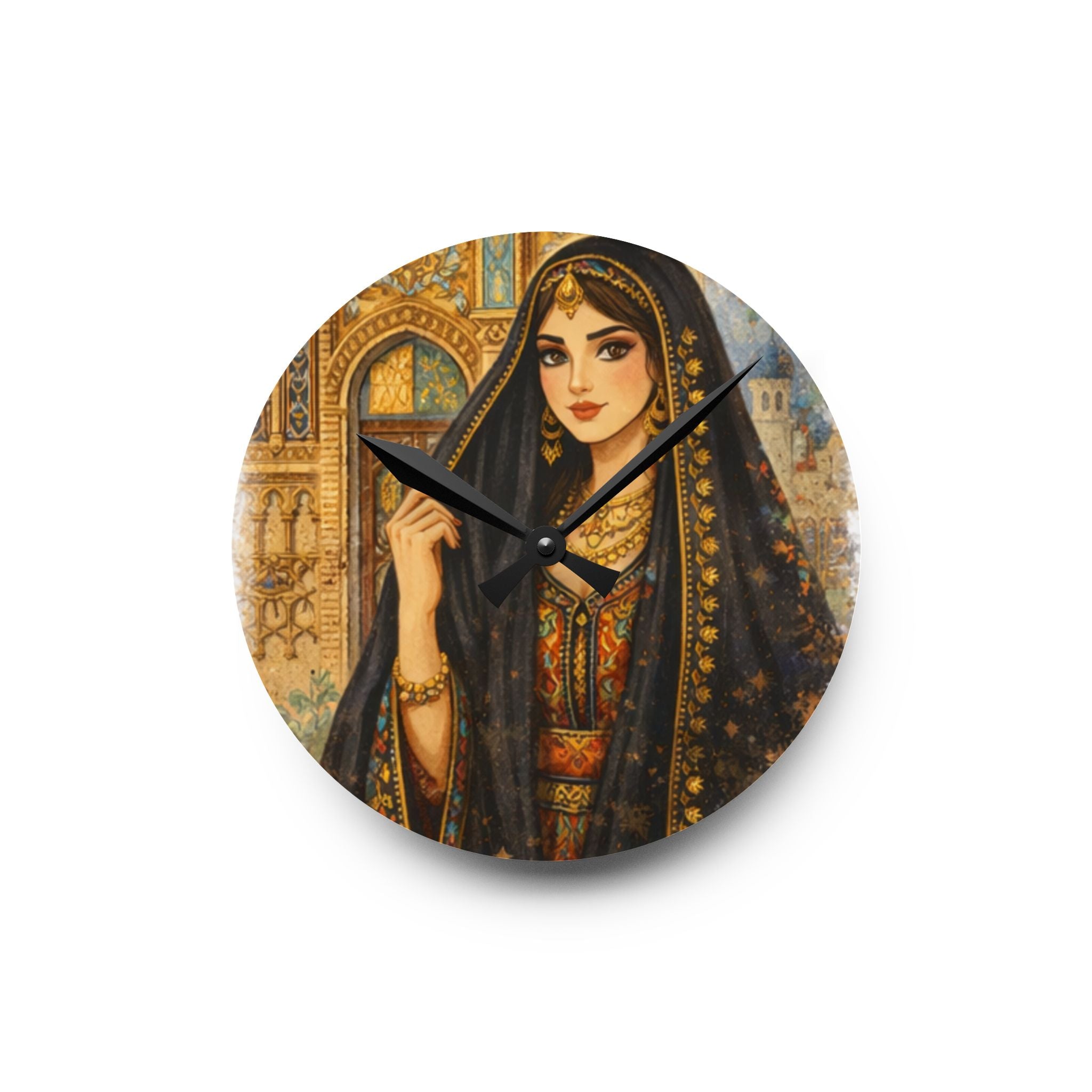 Acrylic Wall Clock - Persian Princess Illustrated Wall Clock, Vintage Middle Eastern Art Timepiece