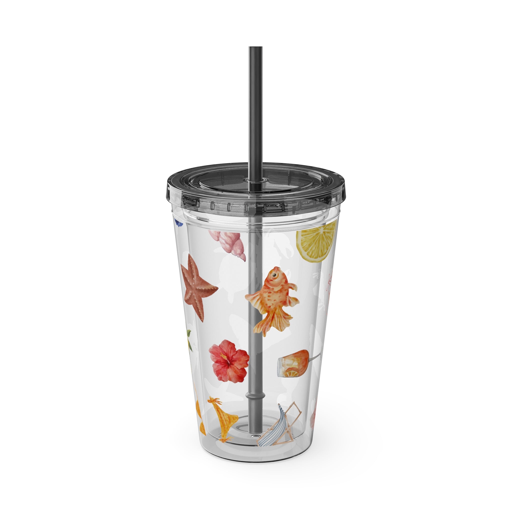 16oz Sunsplash Tumbler with Straw — Beach Shell & Tropical Watercolor Pattern