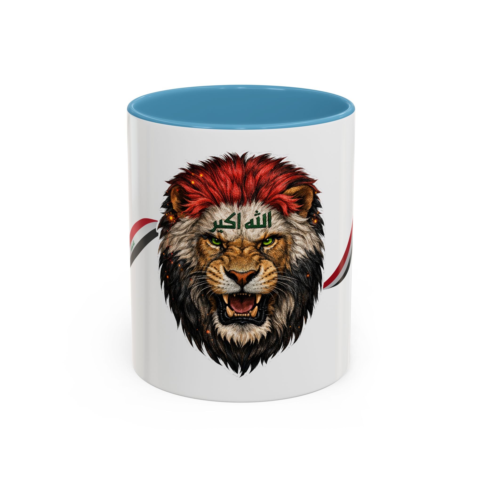 Iraq Lion Head Accent Coffee Mug with Arabic Script and Flag Ribbon – Patriotic Iraq Gift (11/15oz)