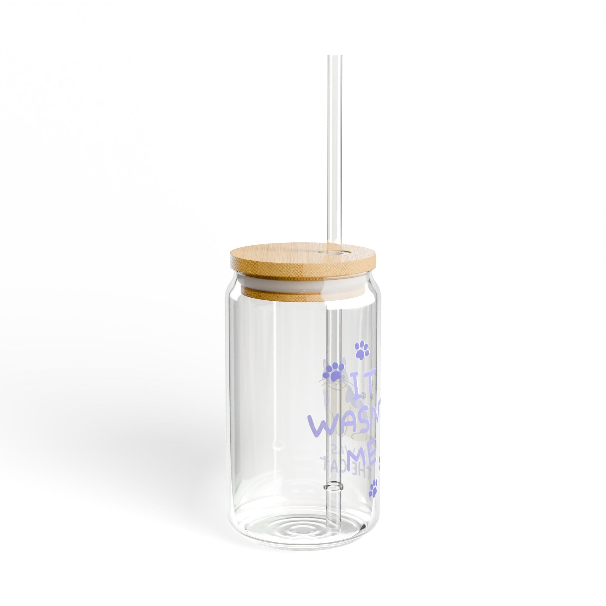 16oz Glass Sipper with Bamboo Lid — Funny Cat Paw Design: "It Wasn’t Me"