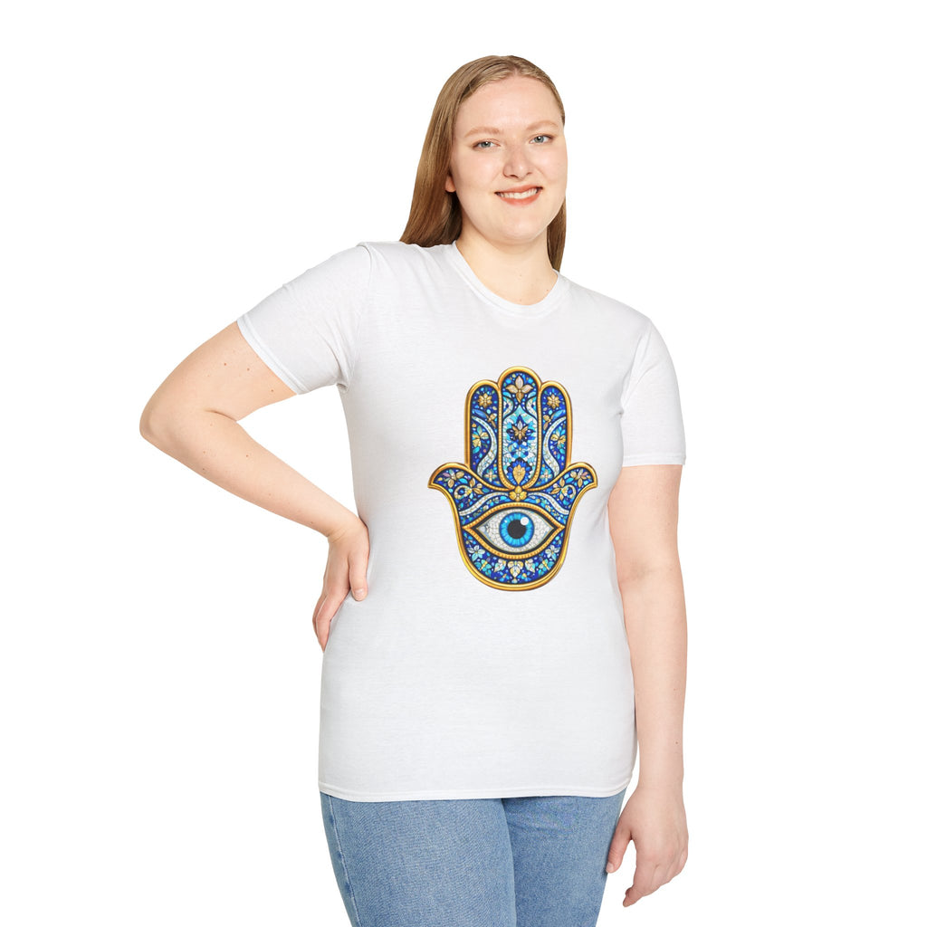 Hamsa Hand T-Shirt with Evil Eye – Blue Mosaic Protection Tee