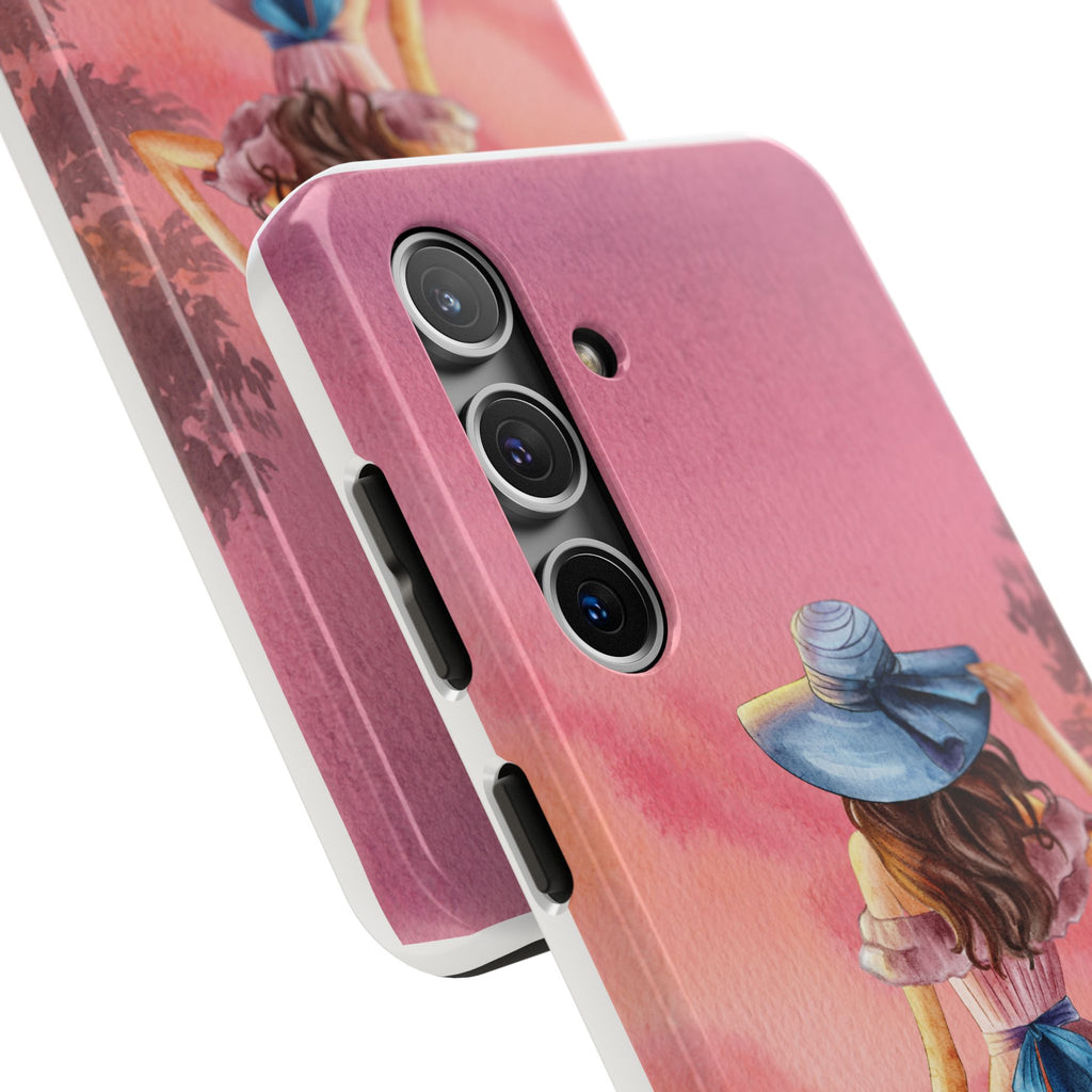 Pastel Picnic Girl Phone Case — Protective Tough Phone Case with Watercolor Sunset Design