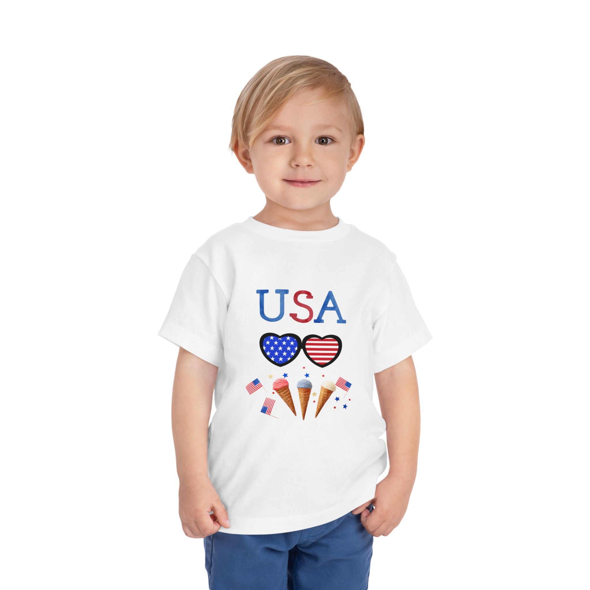 Toddler Tee — 'USA' Patriotic Heart Sunglasses & Ice Cream Cones (4th of July Kids Shirt)