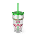 16oz Flamingo Aloha Tumbler with Straw — Tropical Sunsplash Drink Cup