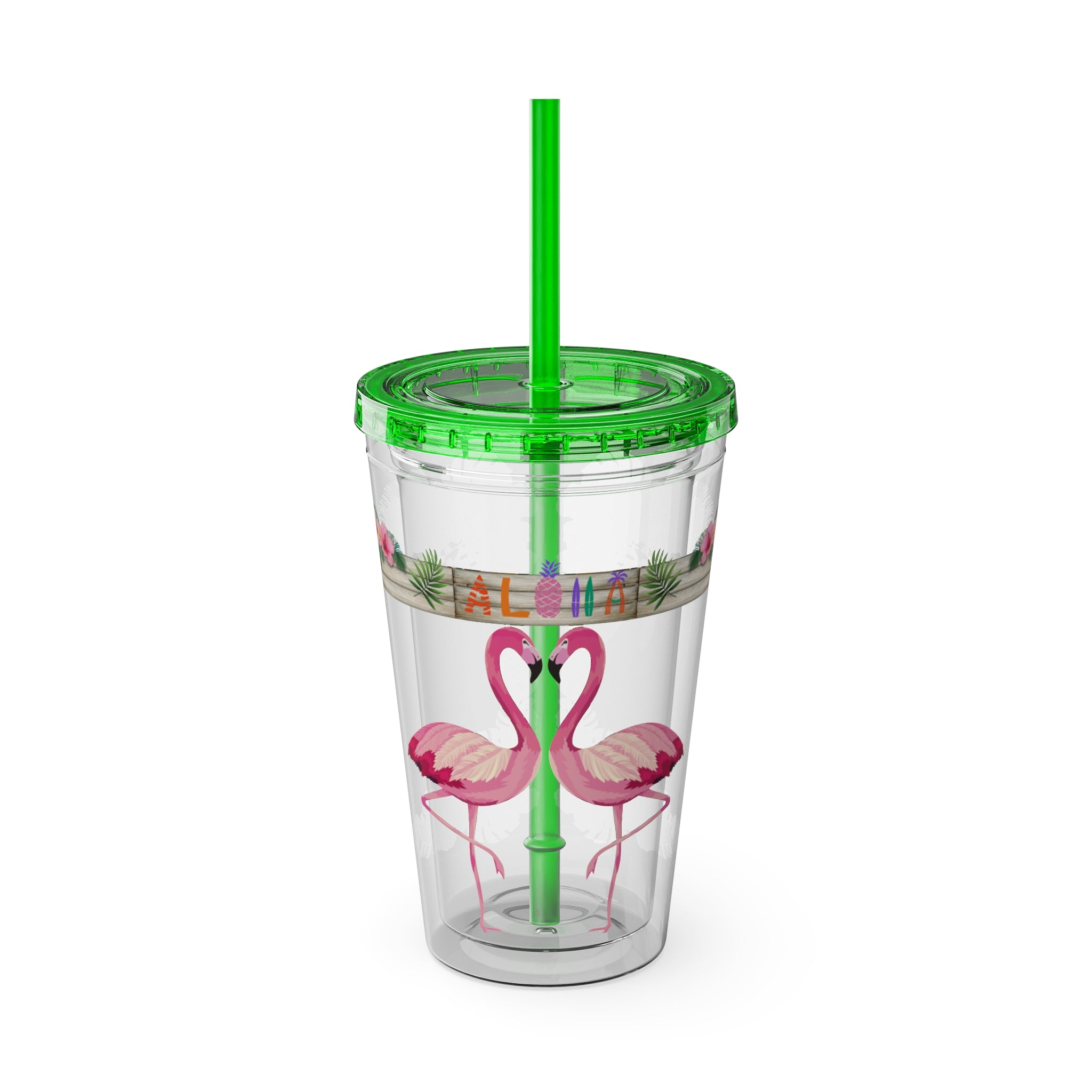 16oz Flamingo Aloha Tumbler with Straw — Tropical Sunsplash Drink Cup