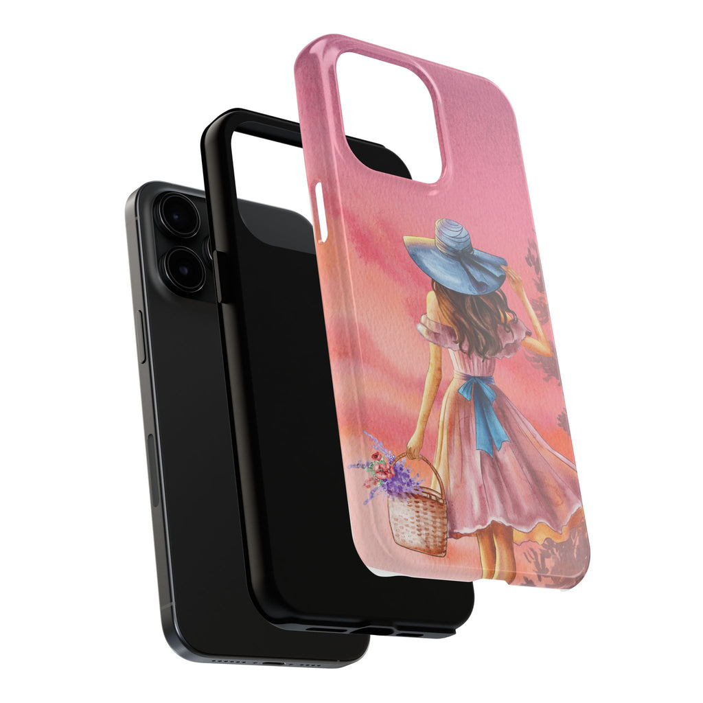Pastel Picnic Girl Phone Case — Protective Tough Phone Case with Watercolor Sunset Design