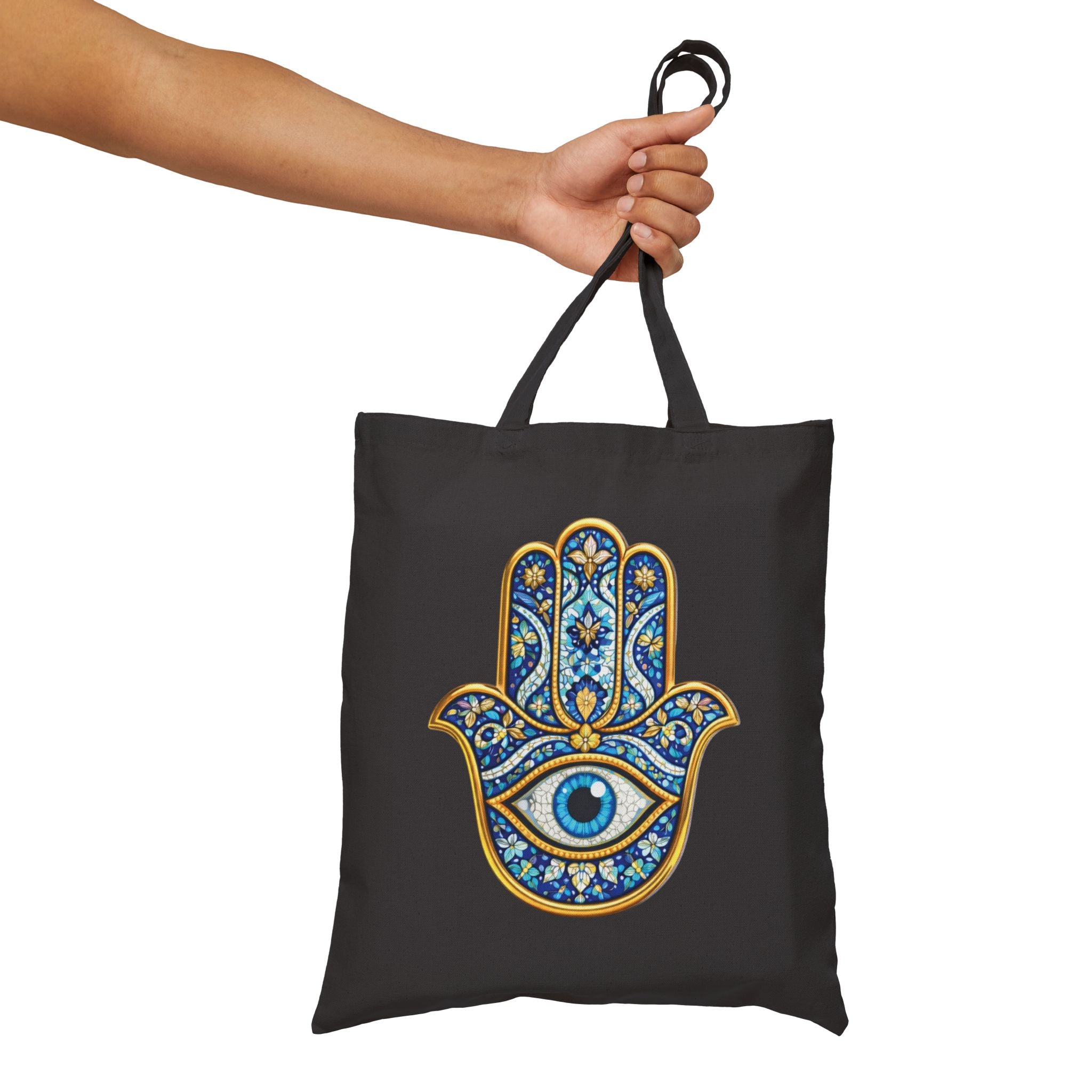 Hamsa Hand Tote Bag — Boho Evil Eye Cotton Canvas Shopper