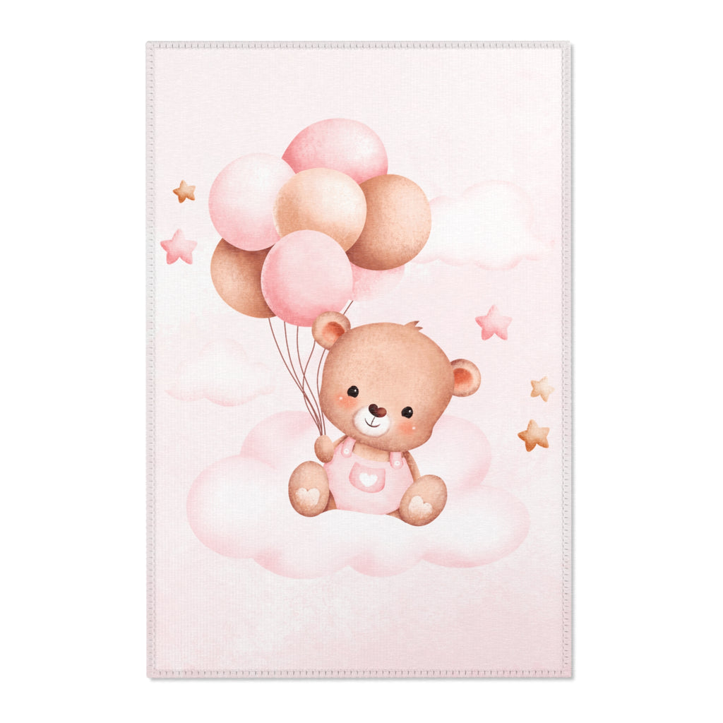 Baby Bear Balloon Pink Nursery Area Rug — Cute Plush Teddy on Clouds