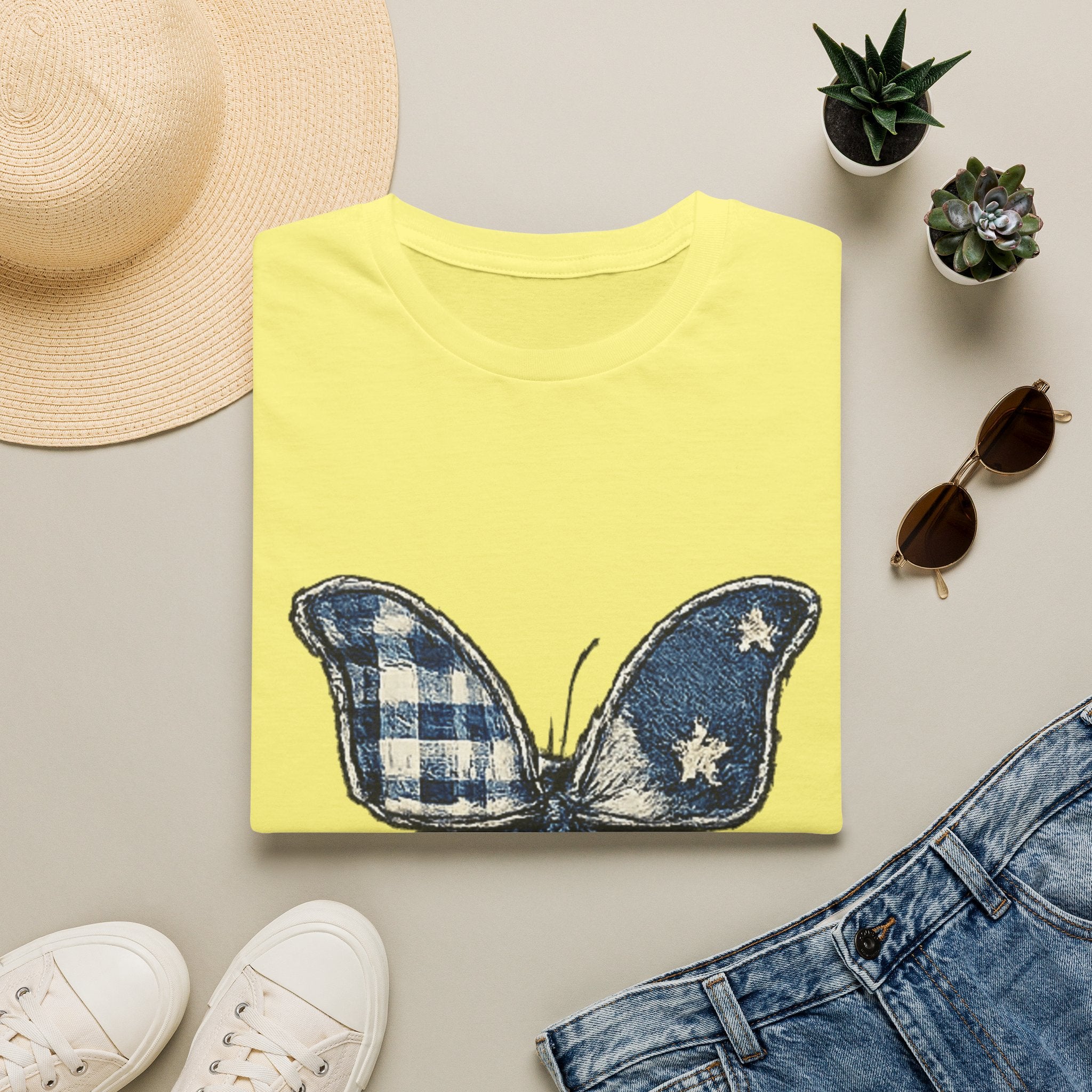 Butterfly Tee — Blue Plaid & Stars Graphic T-Shirt