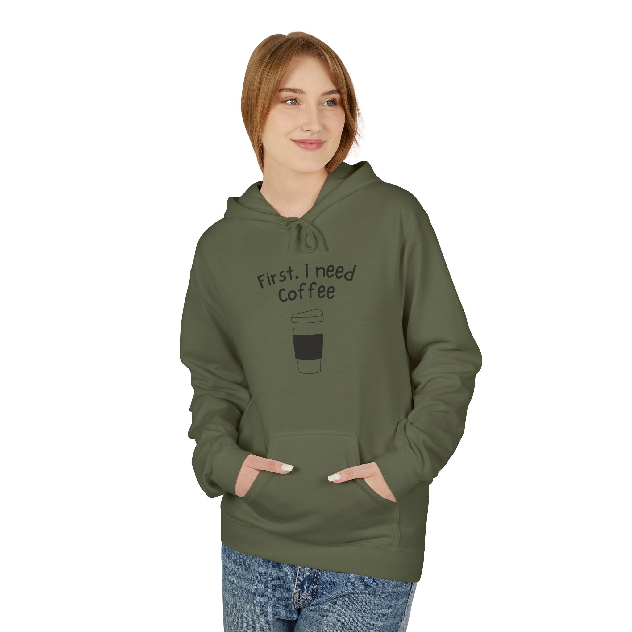 Coffee Hoodie – “First, I Need Coffee” Minimalist Pullover