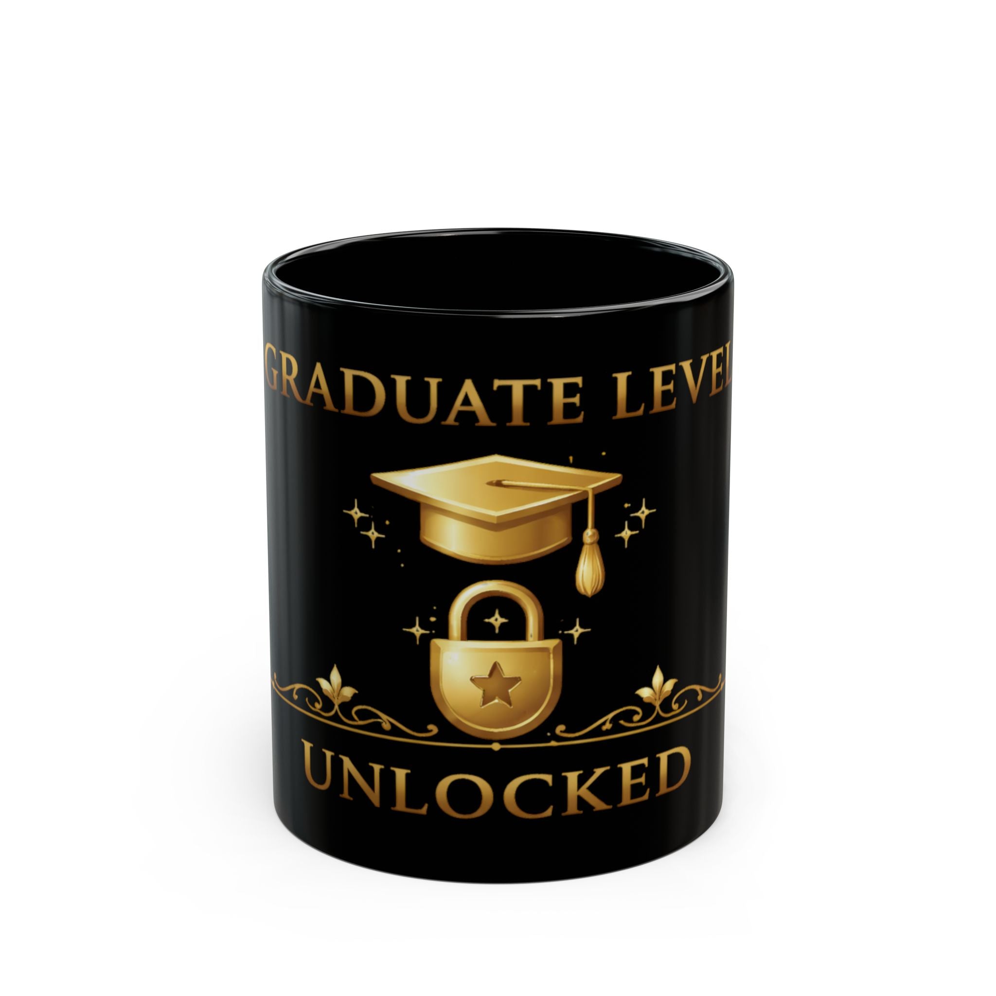 Graduation Level Unlocked Mug — Black Ceramic 11oz/15oz (Gold Cap & Lock Design)