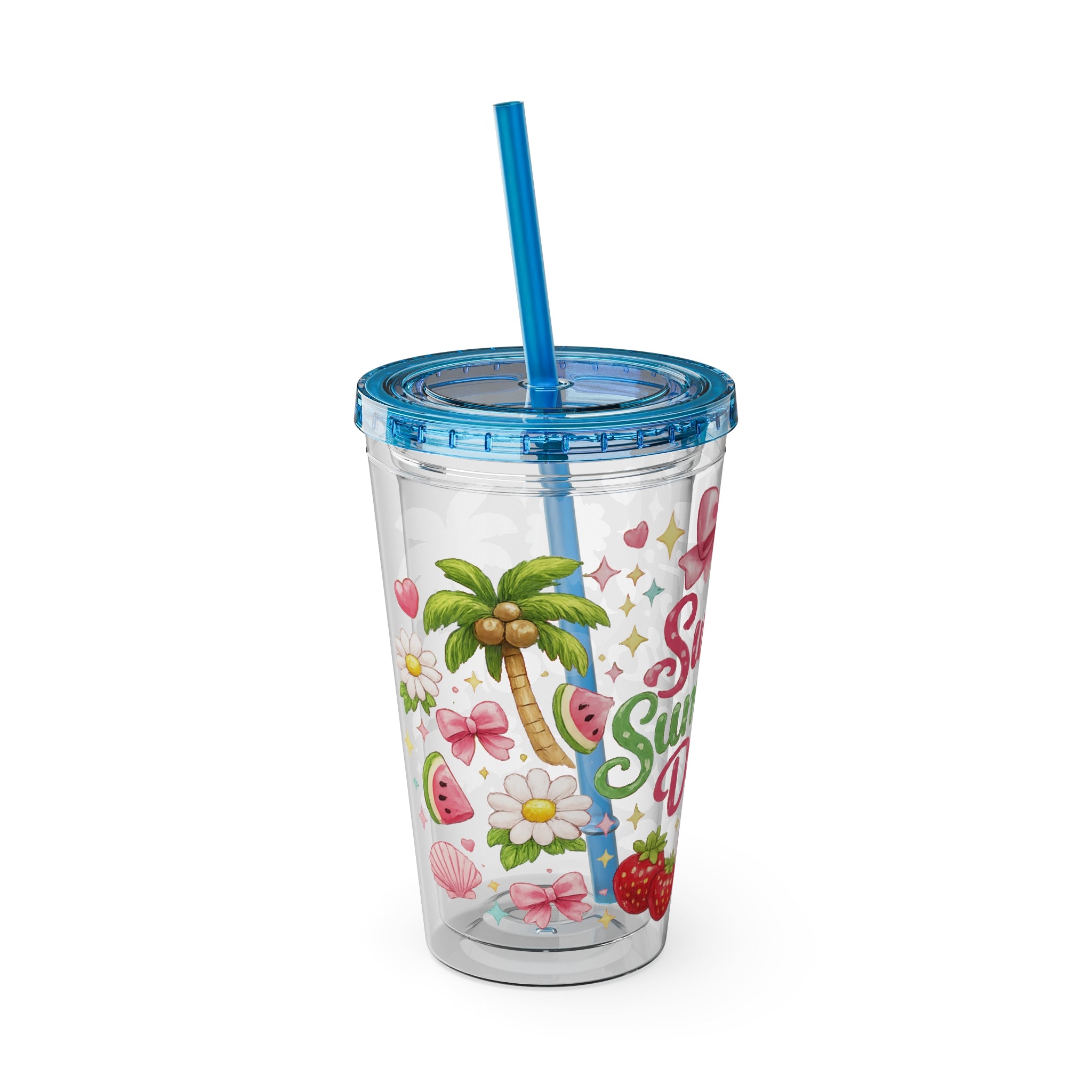 Sweet Summer Days Tumbler — 16oz Clear Straw Cup with Tropical Fruits & Bow Design