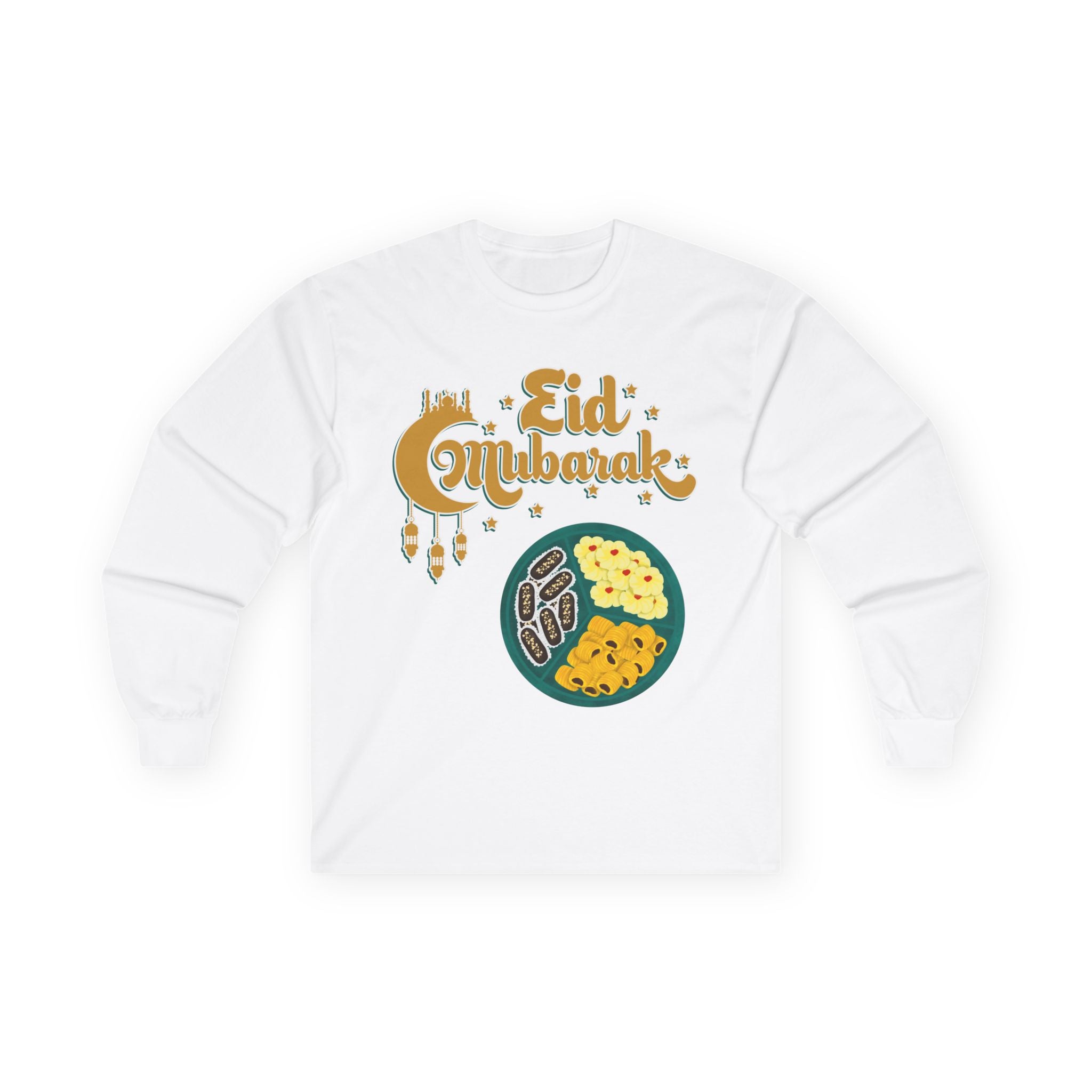 Eid Mubarak Long Sleeve Tee — Festive Ramadan Celebration Shirt with Dates & Sweets Design