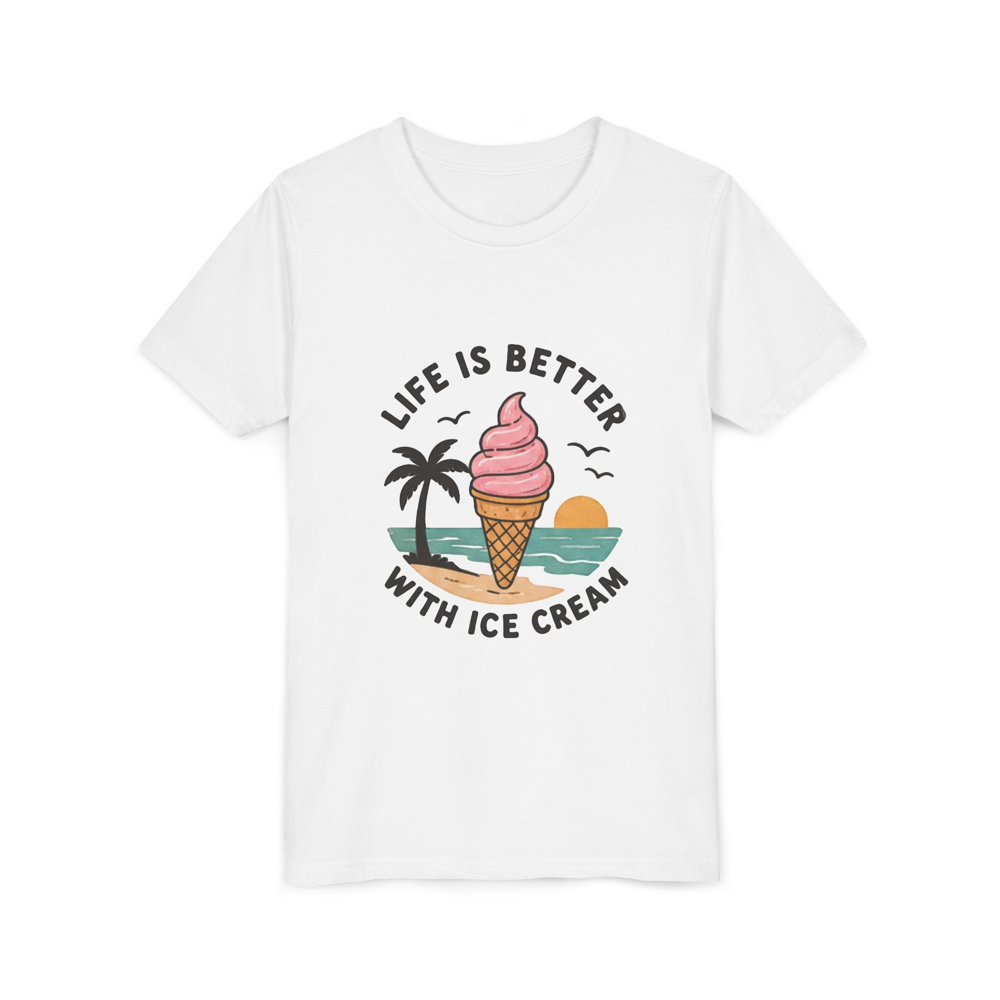 Youth Tee — "Life Is Better With Ice Cream" Ice Cream Cone Beach Graphic