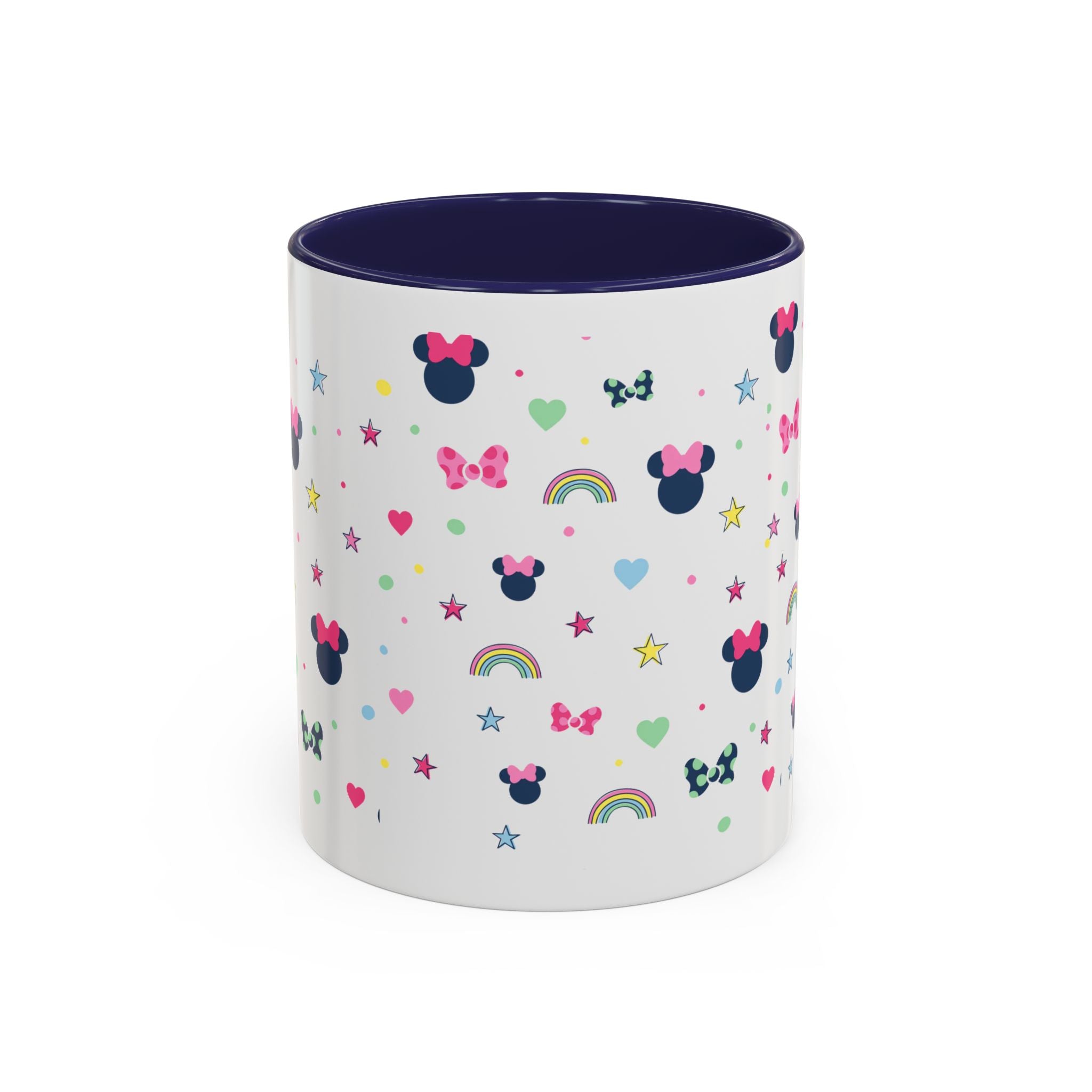 Minnie Dots Accent Coffee Mug — Cute Rainbow & Bow Pattern (11oz)