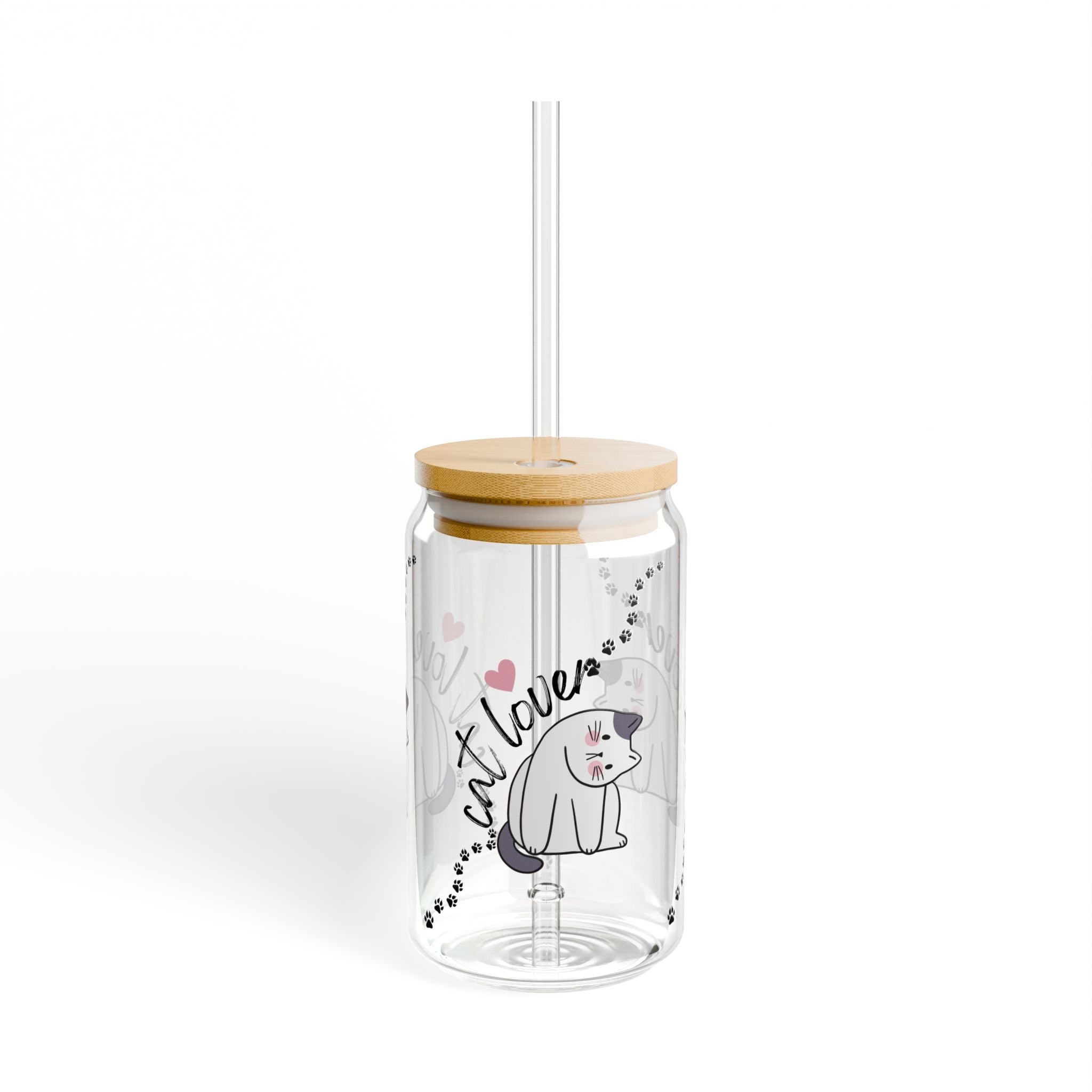Cat Lover 16oz Glass Sipper with Bamboo Lid & Straw