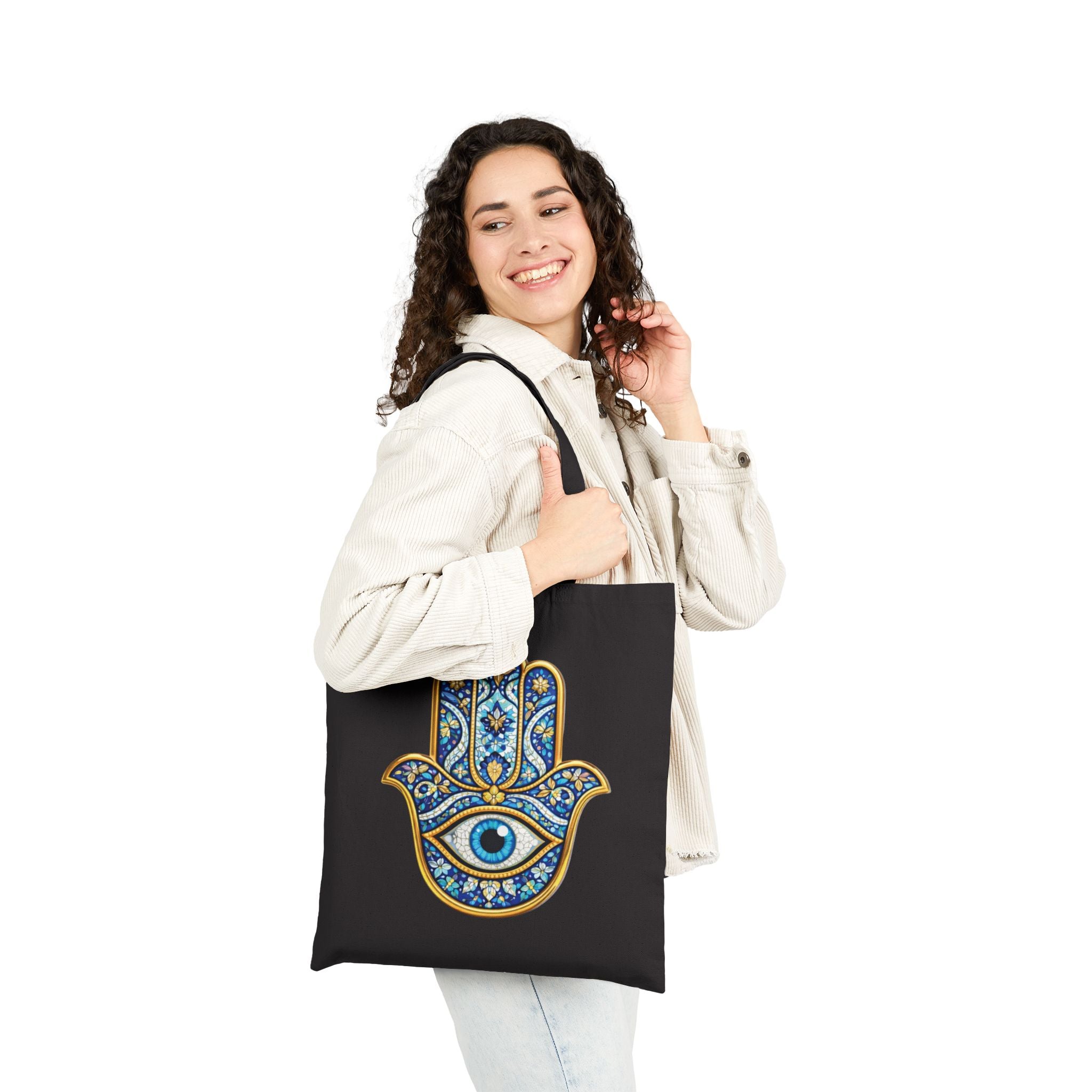 Hamsa Hand Tote Bag — Boho Evil Eye Cotton Canvas Shopper
