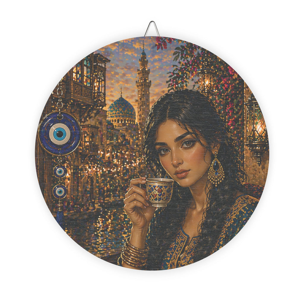 Round Middle Eastern Portrait Wood Sign — Evil Eye Decor, Arabian Tea Lady Wall Art