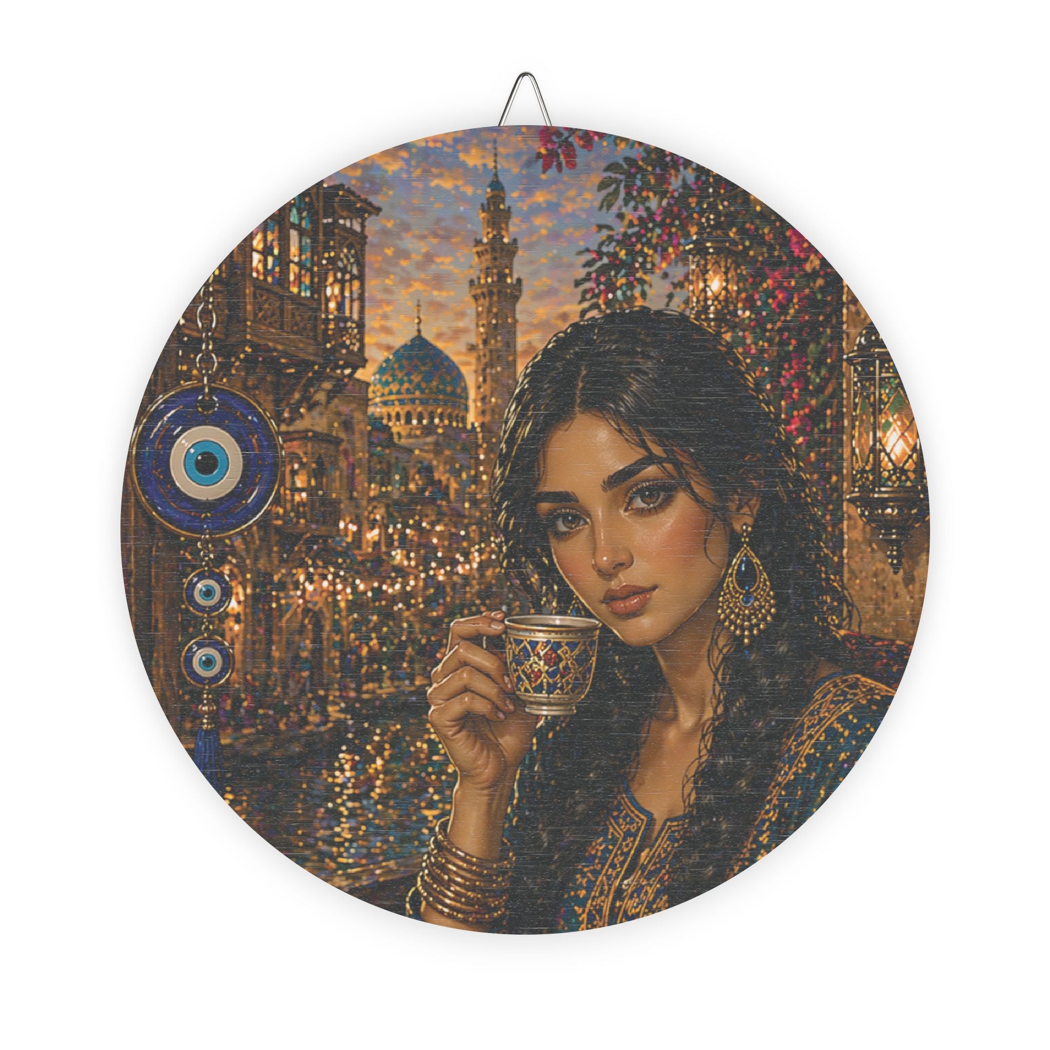 Round Middle Eastern Portrait Wood Sign — Evil Eye Decor, Arabian Tea Lady Wall Art