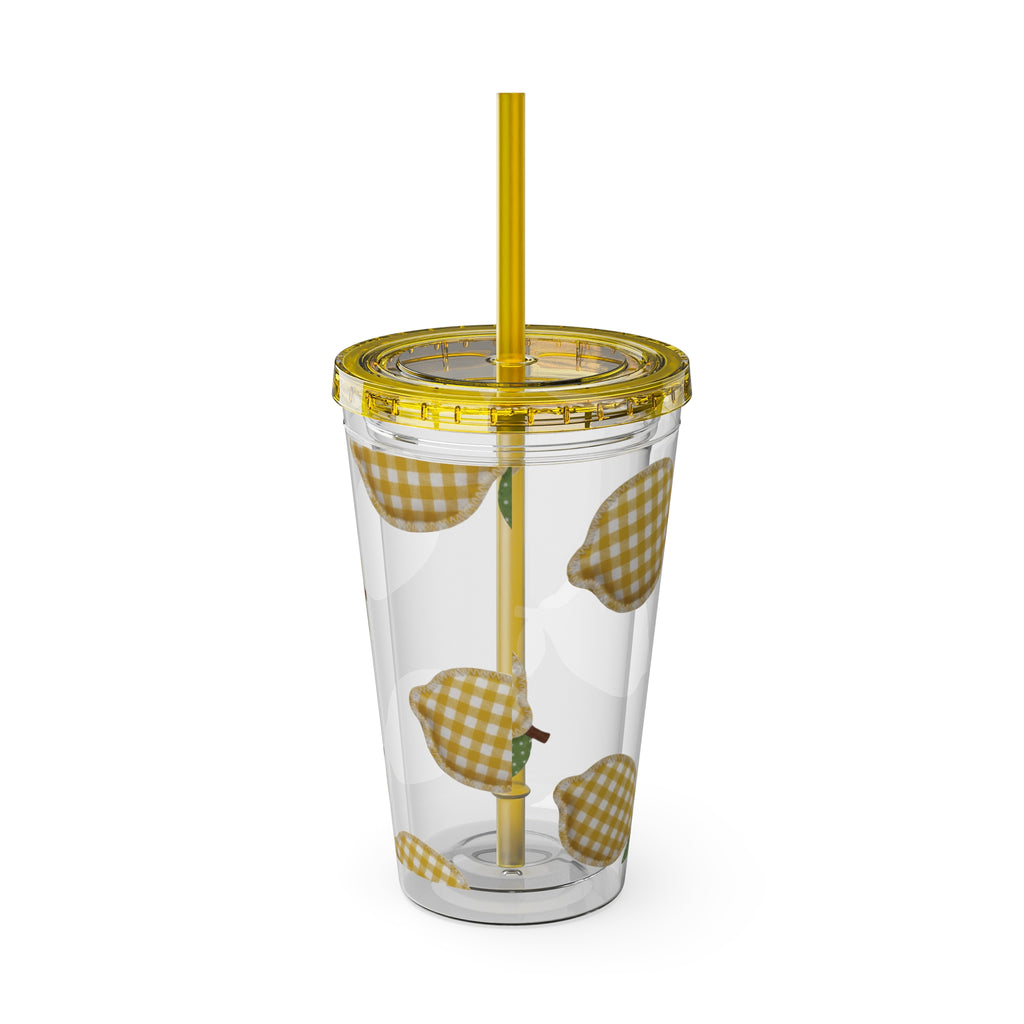 Gingham Pear Sunsplash Tumbler, 16oz Clear Travel Cup with Straw