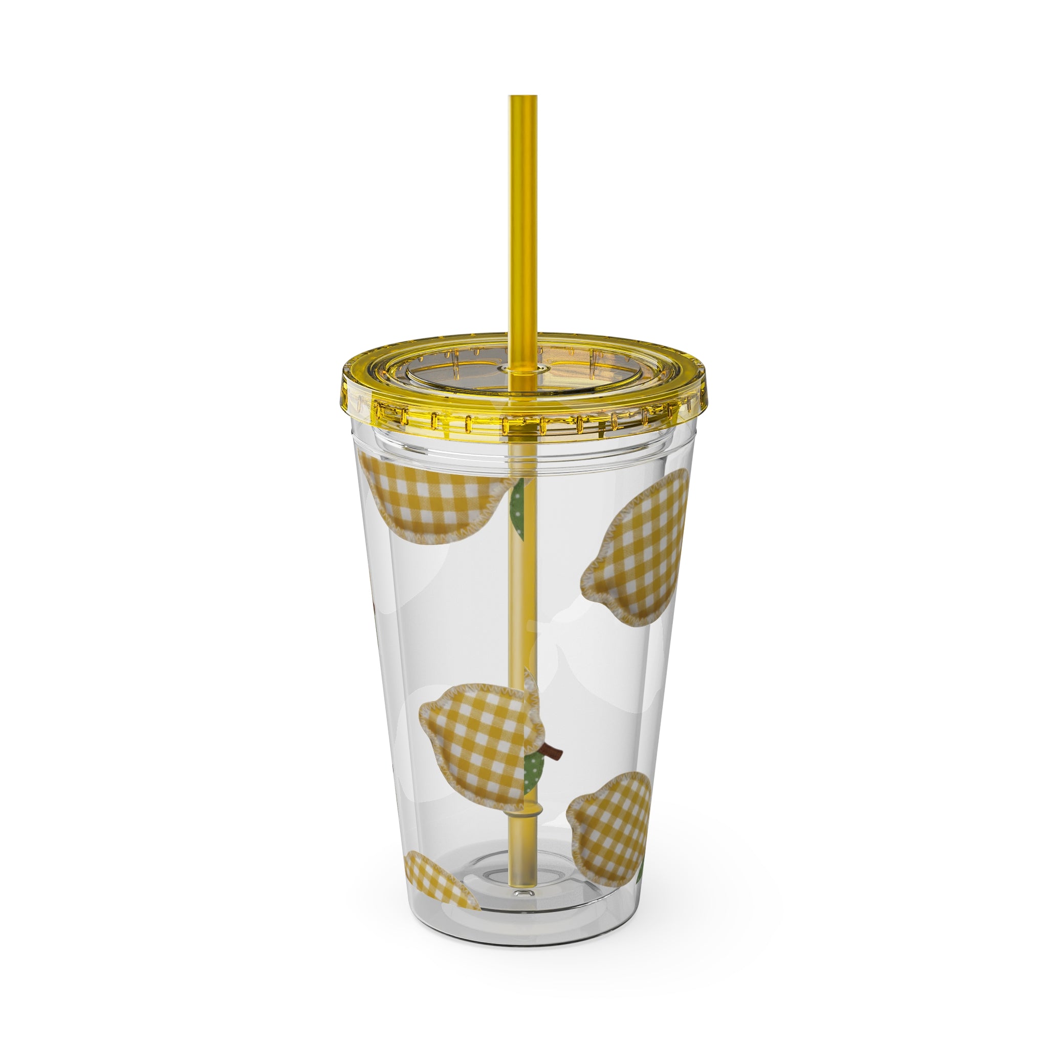 Gingham Pear Sunsplash Tumbler, 16oz Clear Travel Cup with Straw