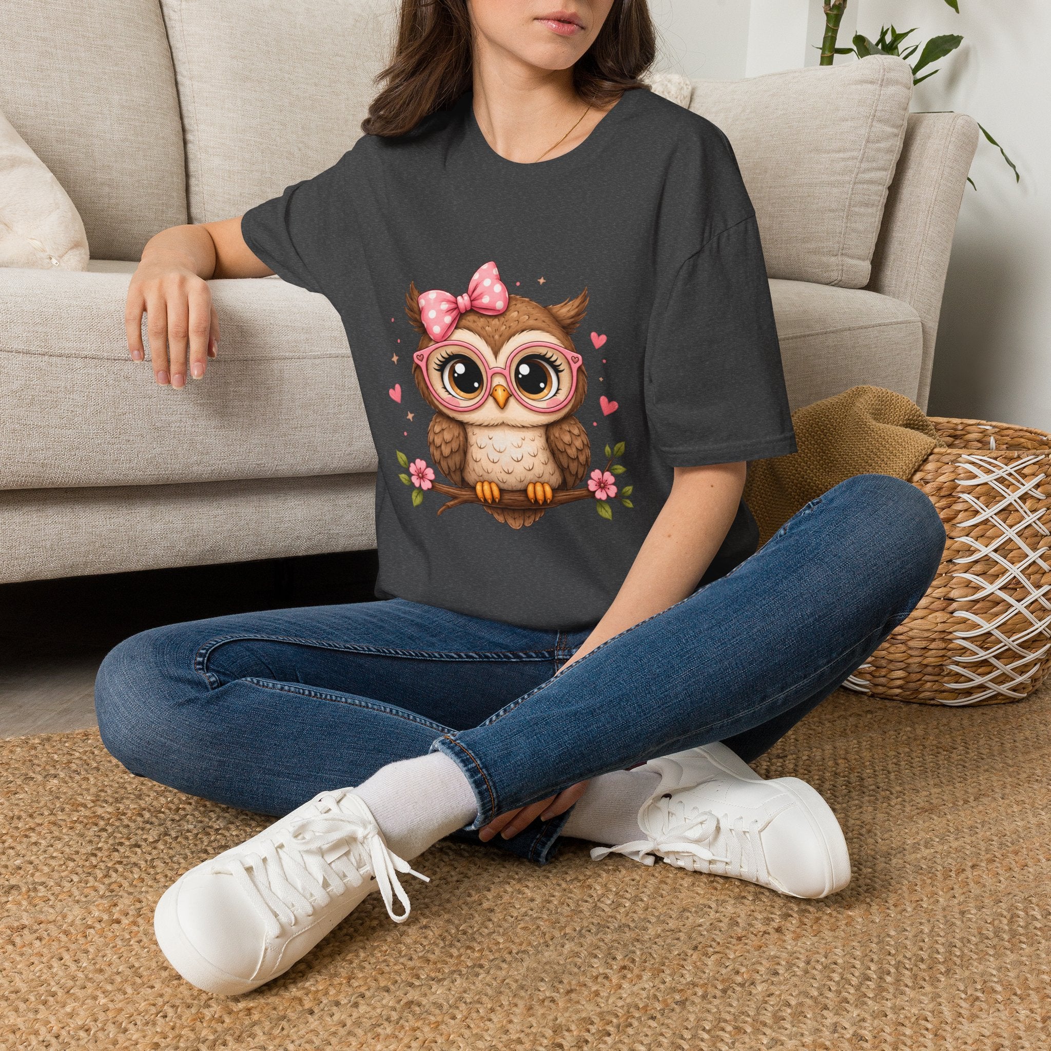 Cute Owl Tee — Whimsical Pink Bow Owl Graphic T-Shirt