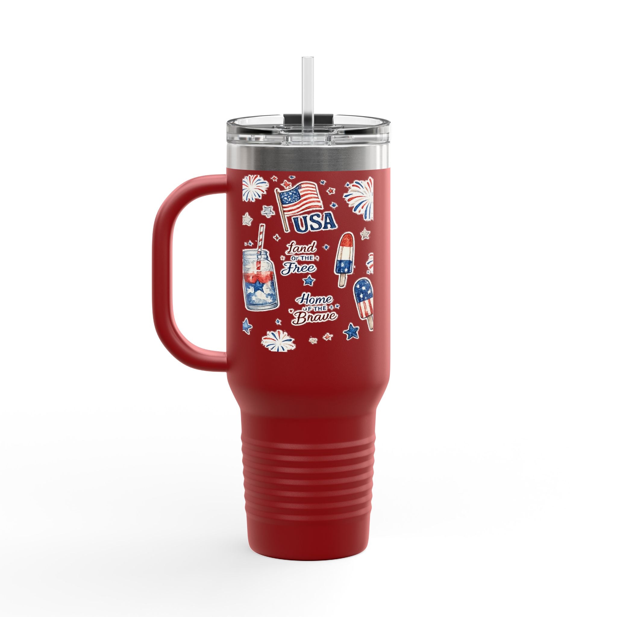 40oz Insulated Travel Mug — Patriotic USA Fourth of July Design (Land of the Free, Home of the Brave)