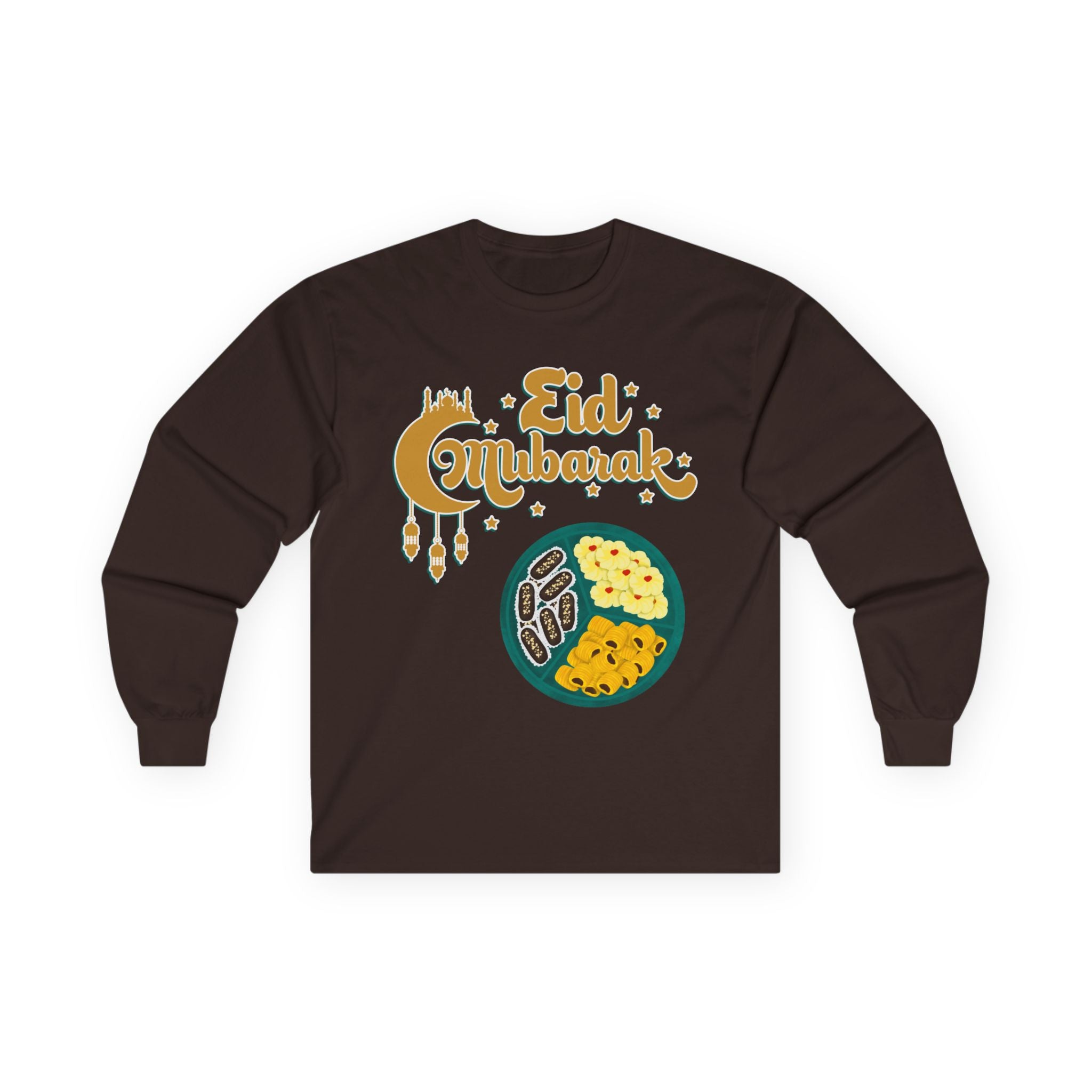 Eid Mubarak Long Sleeve Tee — Festive Ramadan Celebration Shirt with Dates & Sweets Design