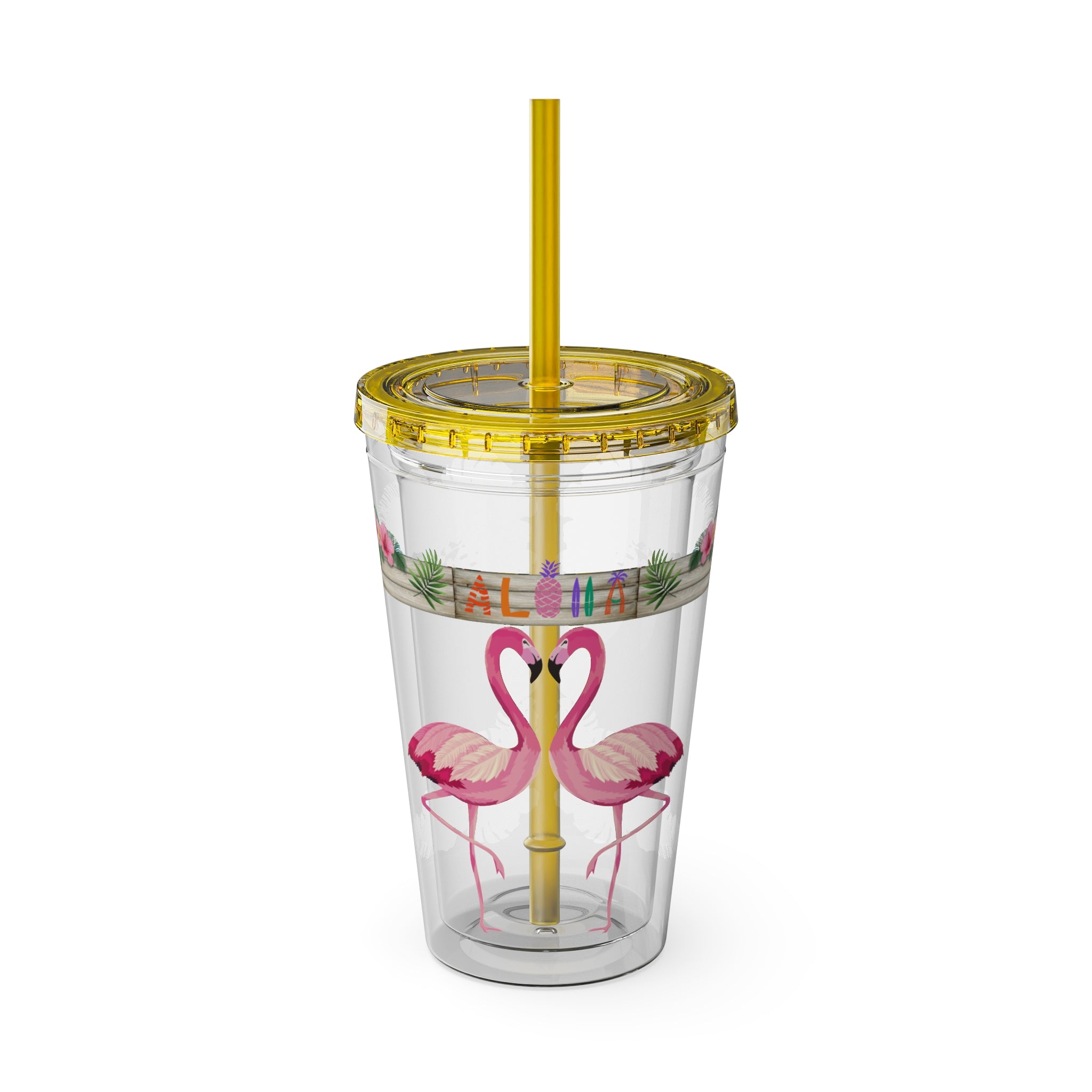 16oz Flamingo Aloha Tumbler with Straw — Tropical Sunsplash Drink Cup