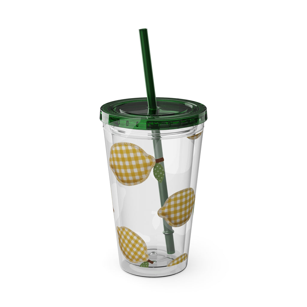 Gingham Pear Sunsplash Tumbler, 16oz Clear Travel Cup with Straw