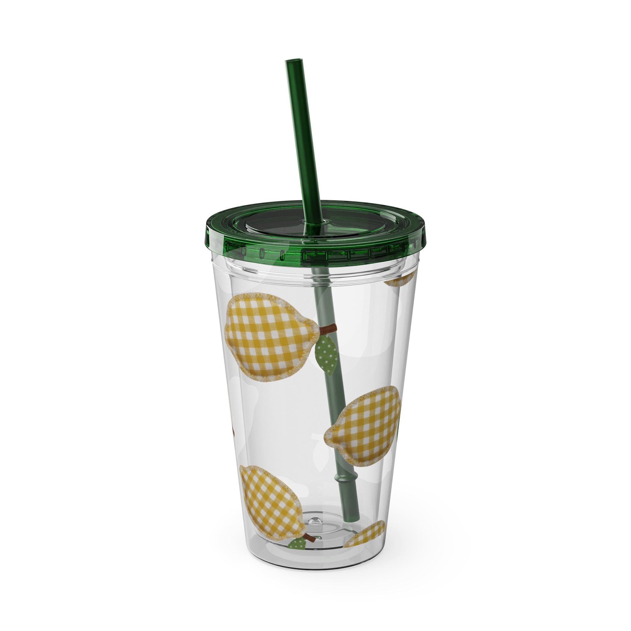 Gingham Pear Sunsplash Tumbler, 16oz Clear Travel Cup with Straw