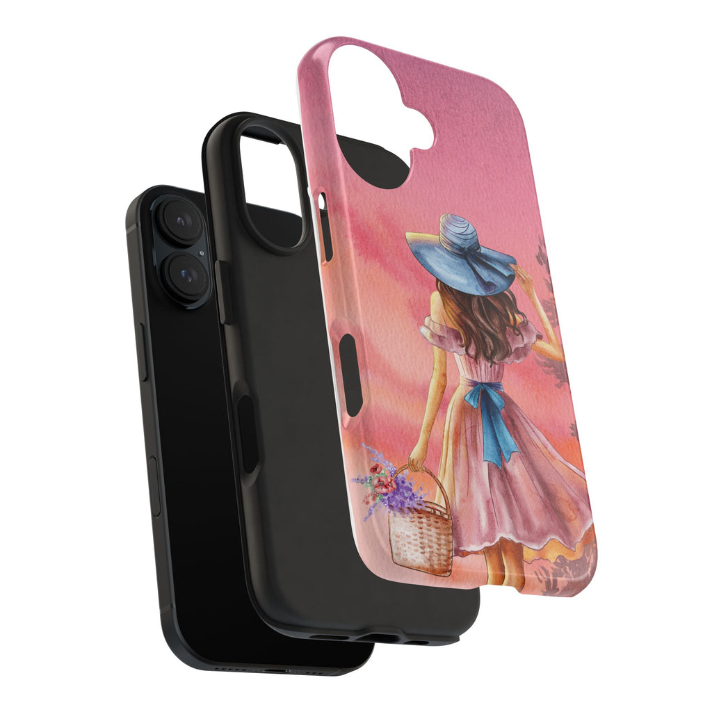 Pastel Picnic Girl Phone Case — Protective Tough Phone Case with Watercolor Sunset Design