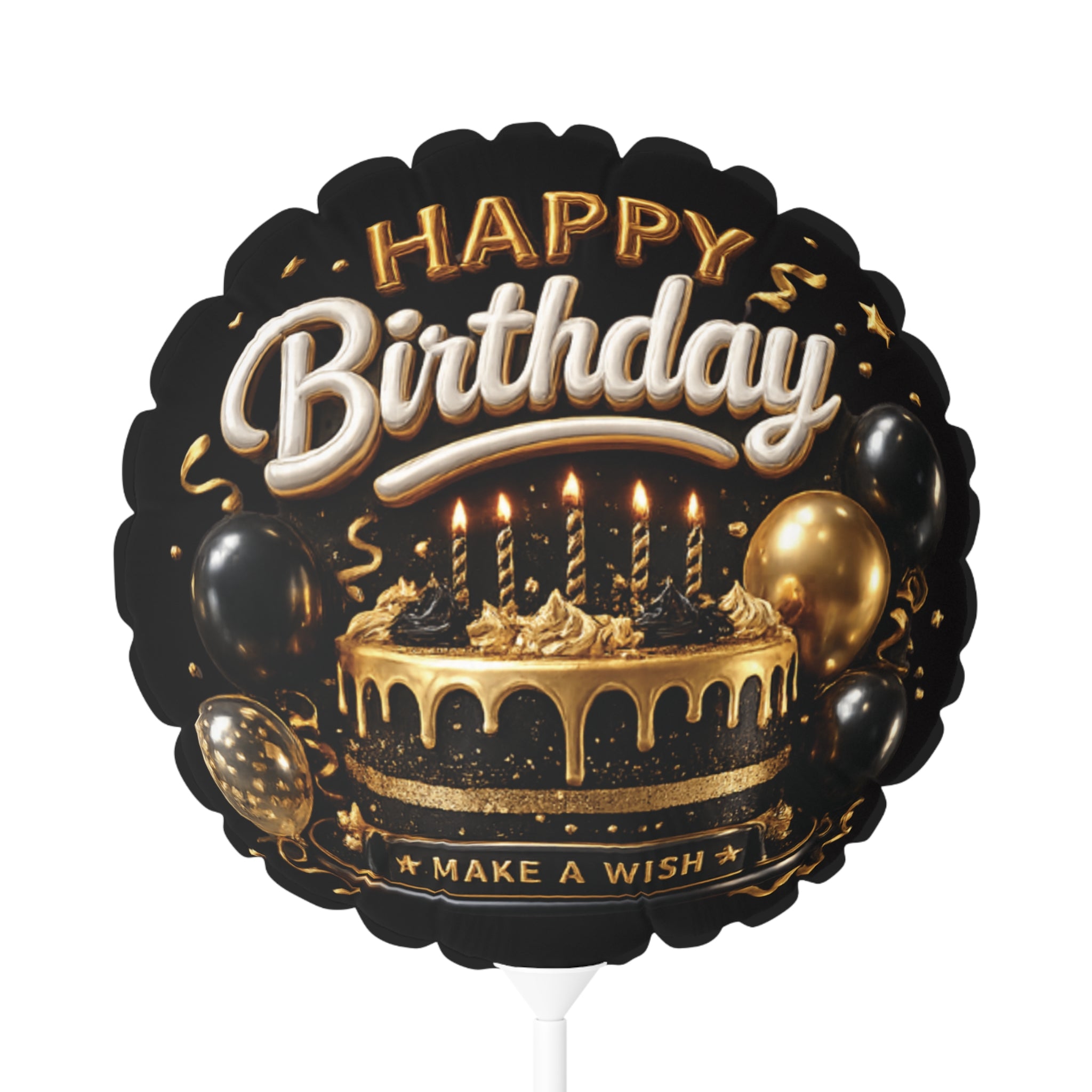 Happy Birthday 11" Foil Balloon — Black & Gold Cake Design