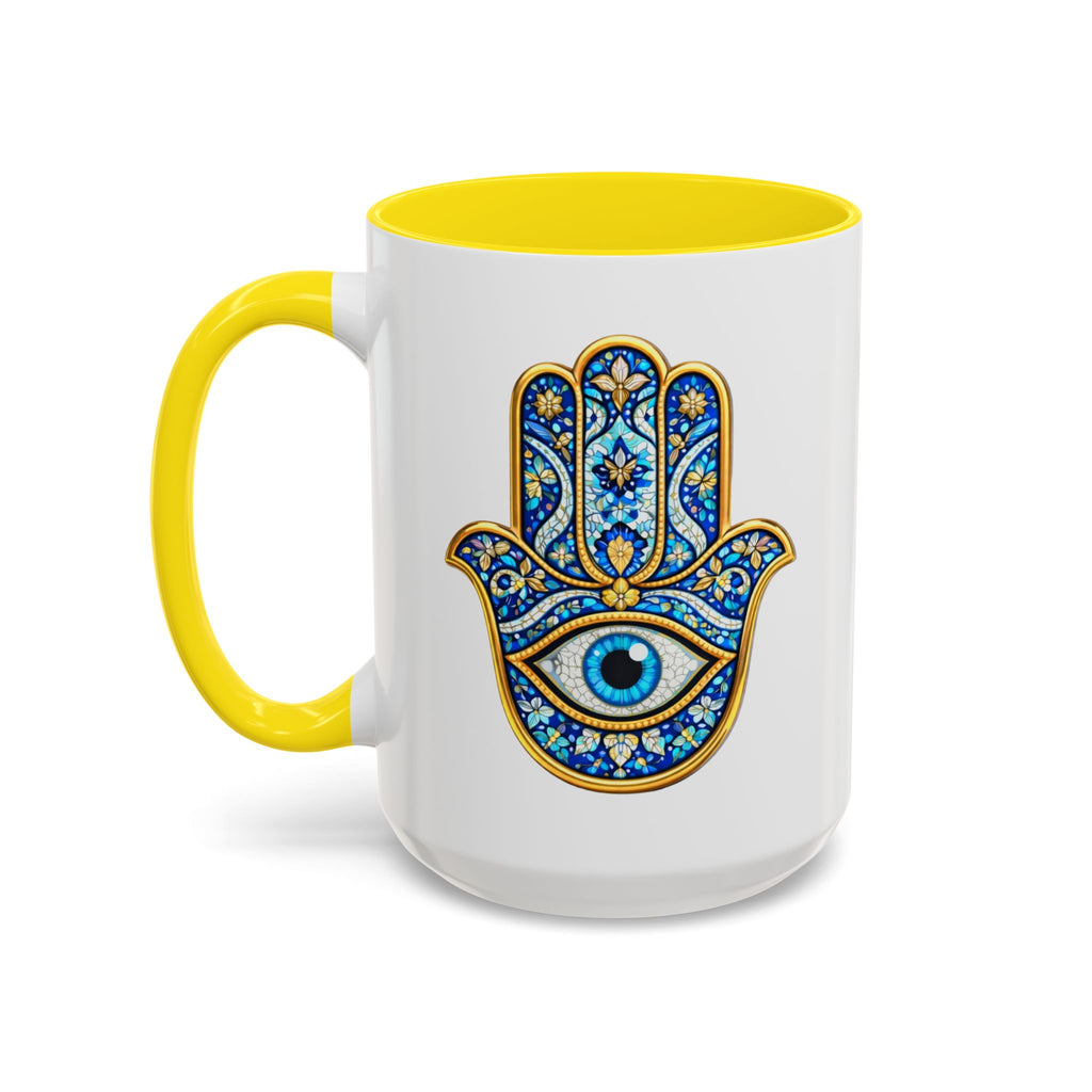 Hamsa Hand Accent Coffee Mug – Blue Protective Evil Eye Ceramic Mug (11/15oz)