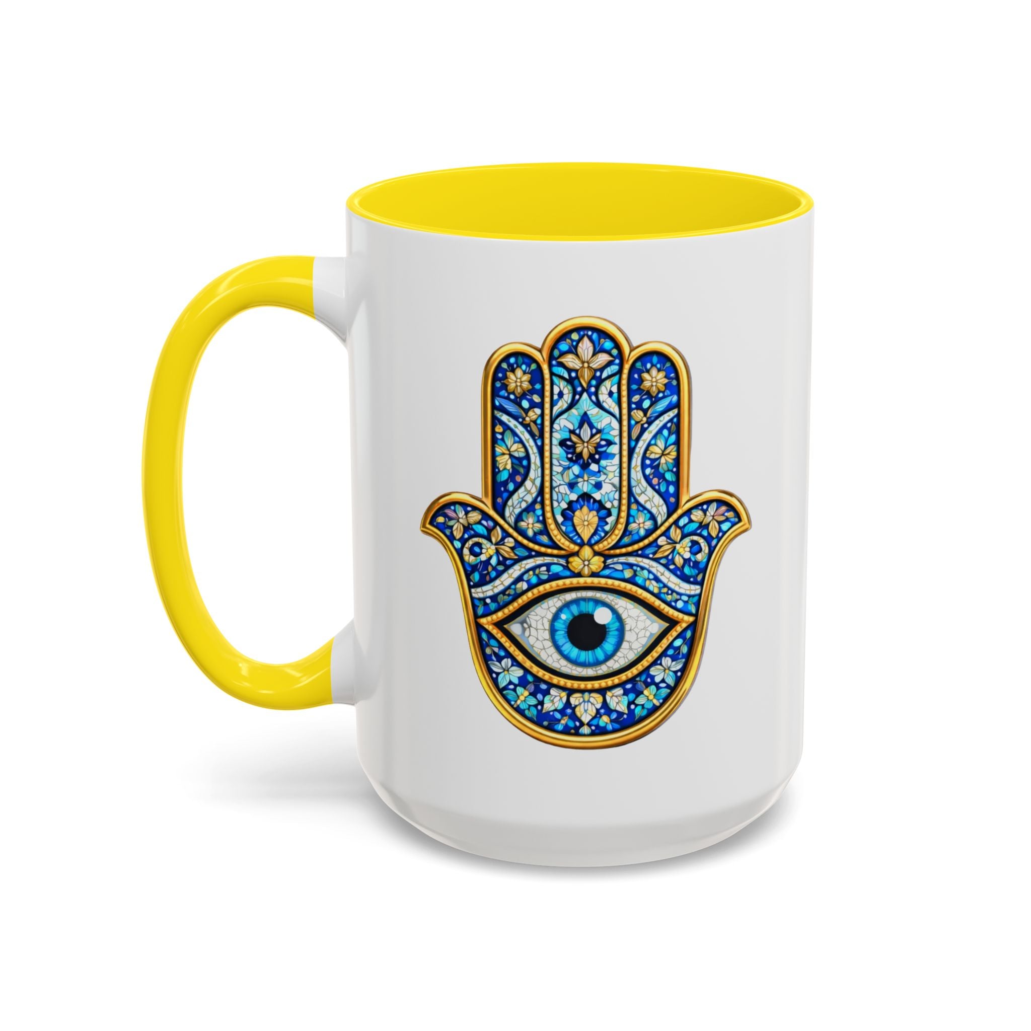 Hamsa Hand Accent Coffee Mug – Blue Protective Evil Eye Ceramic Mug (11/15oz)