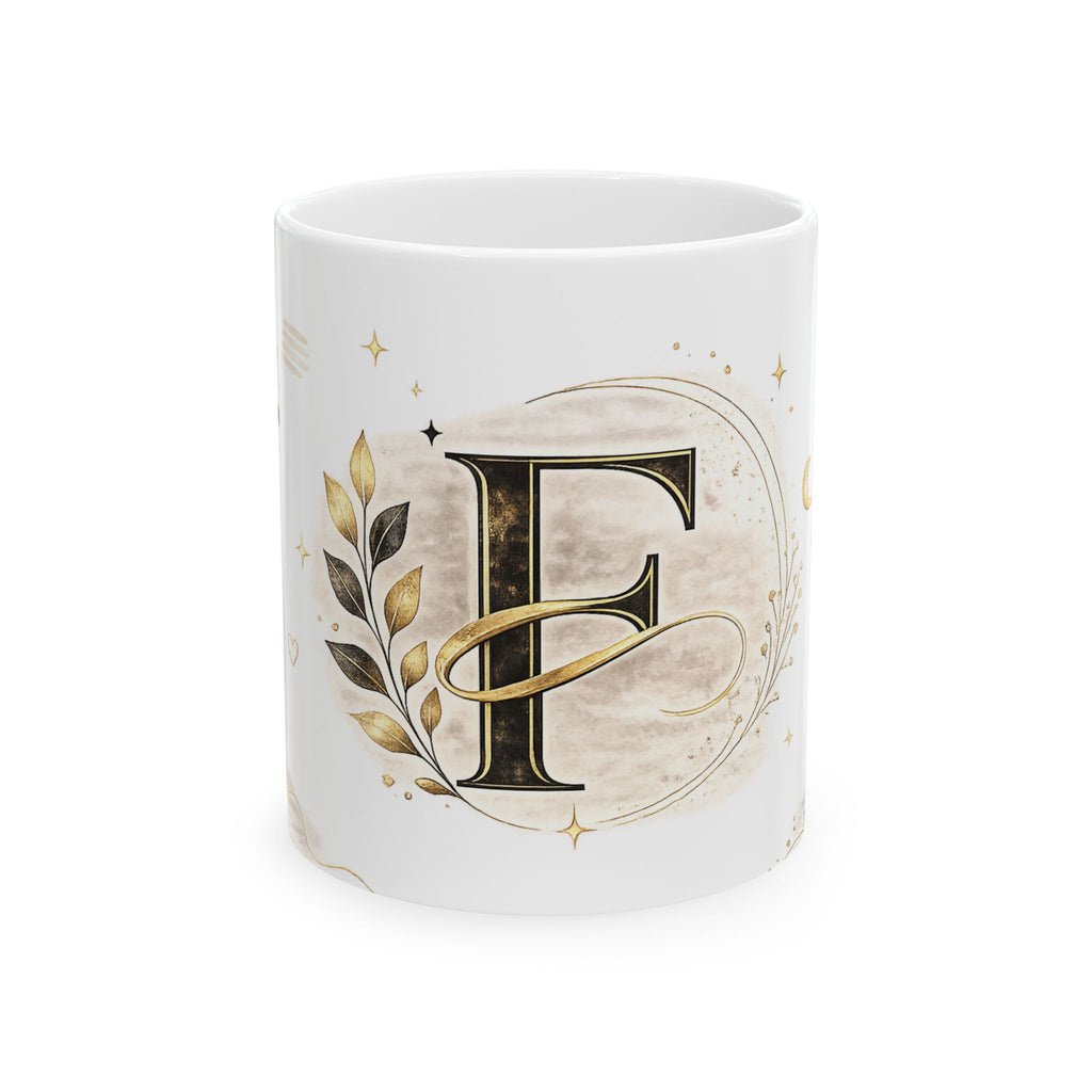 Monogram F Gold Initial Mug — Elegant Letter F Ceramic Coffee Cup