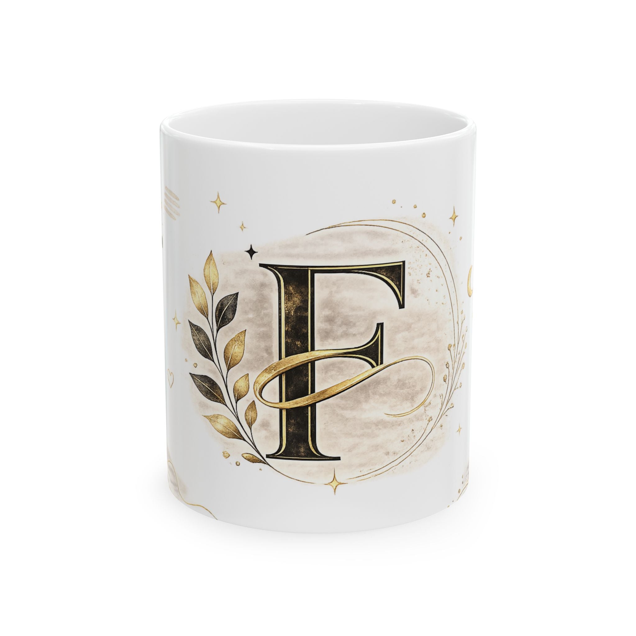 Monogram F Gold Initial Mug — Elegant Letter F Ceramic Coffee Cup