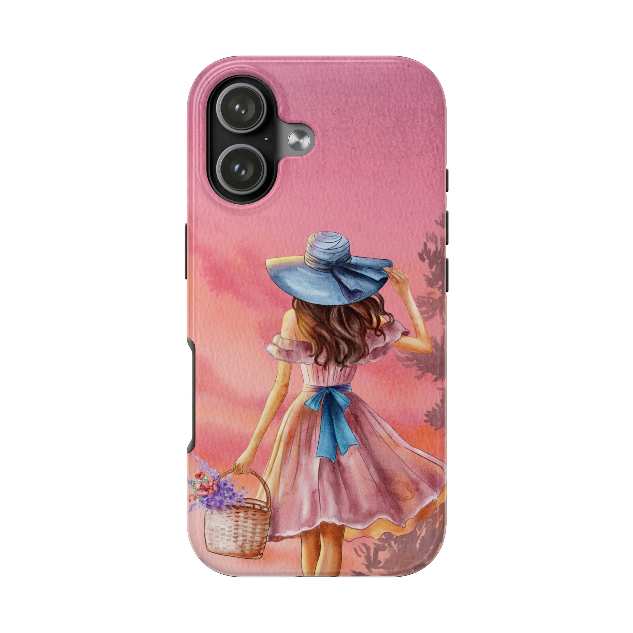Pastel Picnic Girl Phone Case — Protective Tough Phone Case with Watercolor Sunset Design