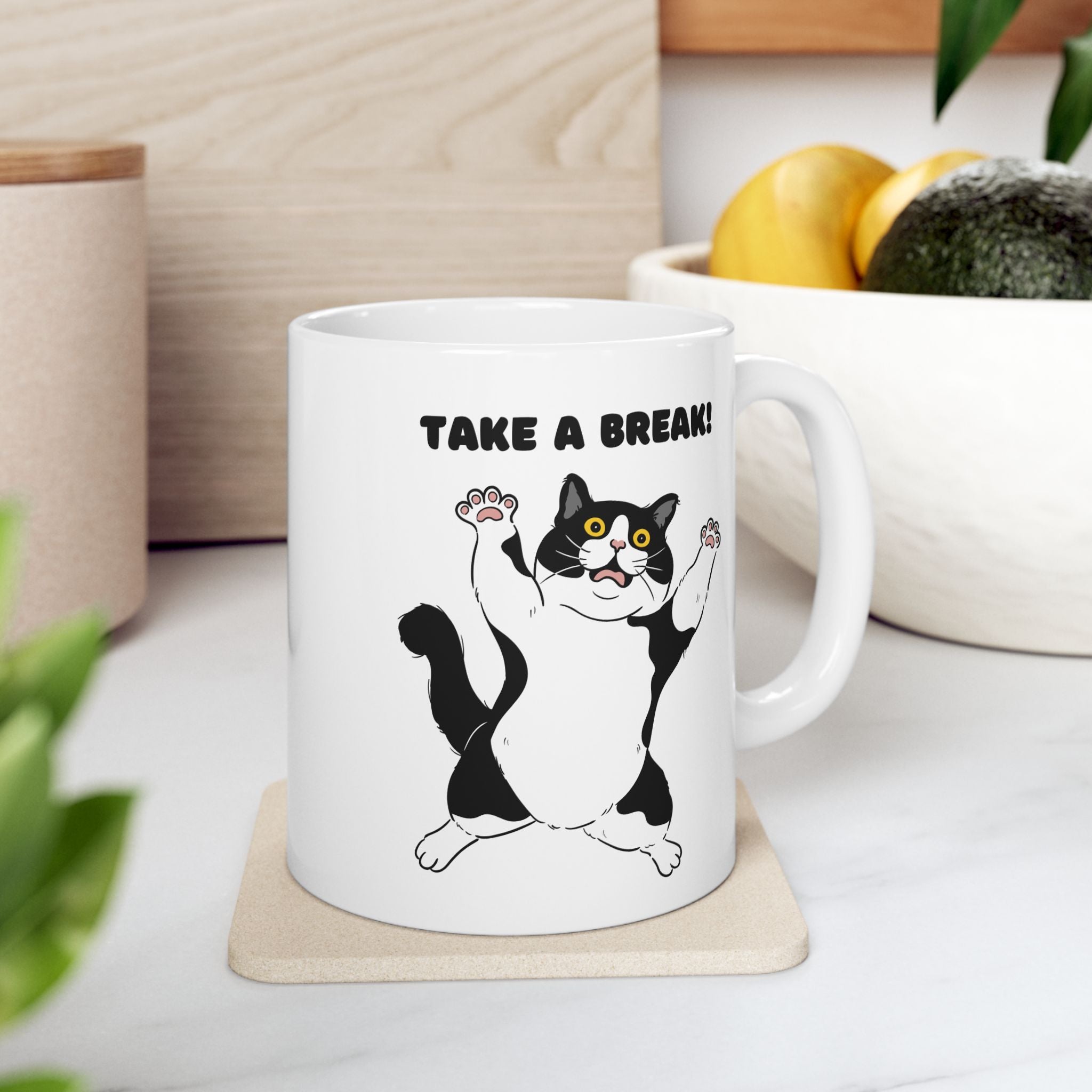 Cat Coffee Mug — "Drink Coffee, Break!" Cute Tuxedo Cat Tea Cup (11oz & 15oz)