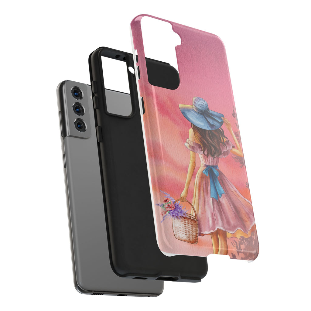 Pastel Picnic Girl Phone Case — Protective Tough Phone Case with Watercolor Sunset Design