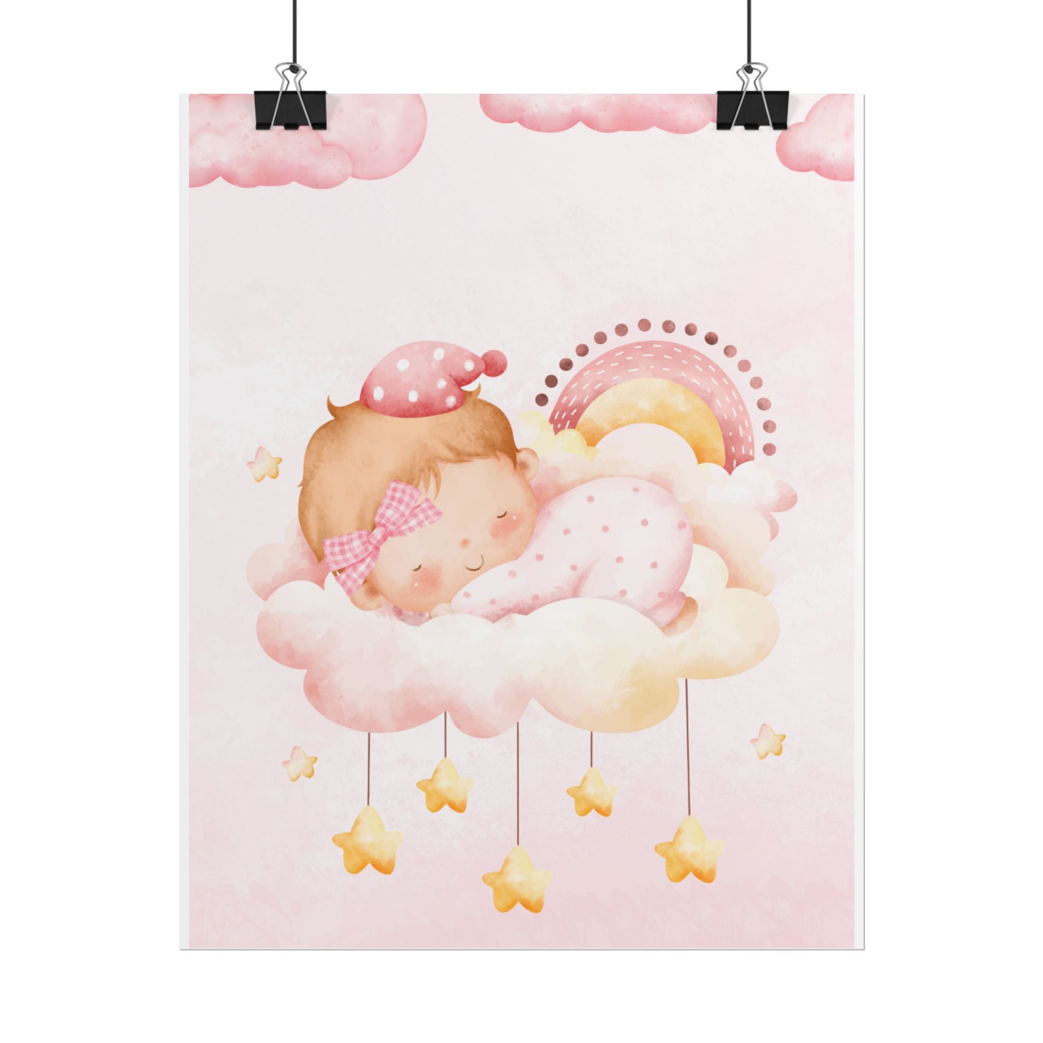 Baby Girl Nursery Poster – Sleeping Baby on Cloud Pink Wall Art