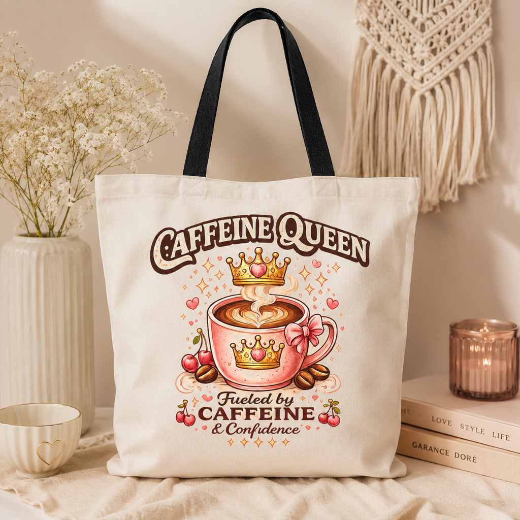 Caffeine Queen Tote Bag — 'Fueled by Caffeine & Confidence' Coffee Lover Tote
