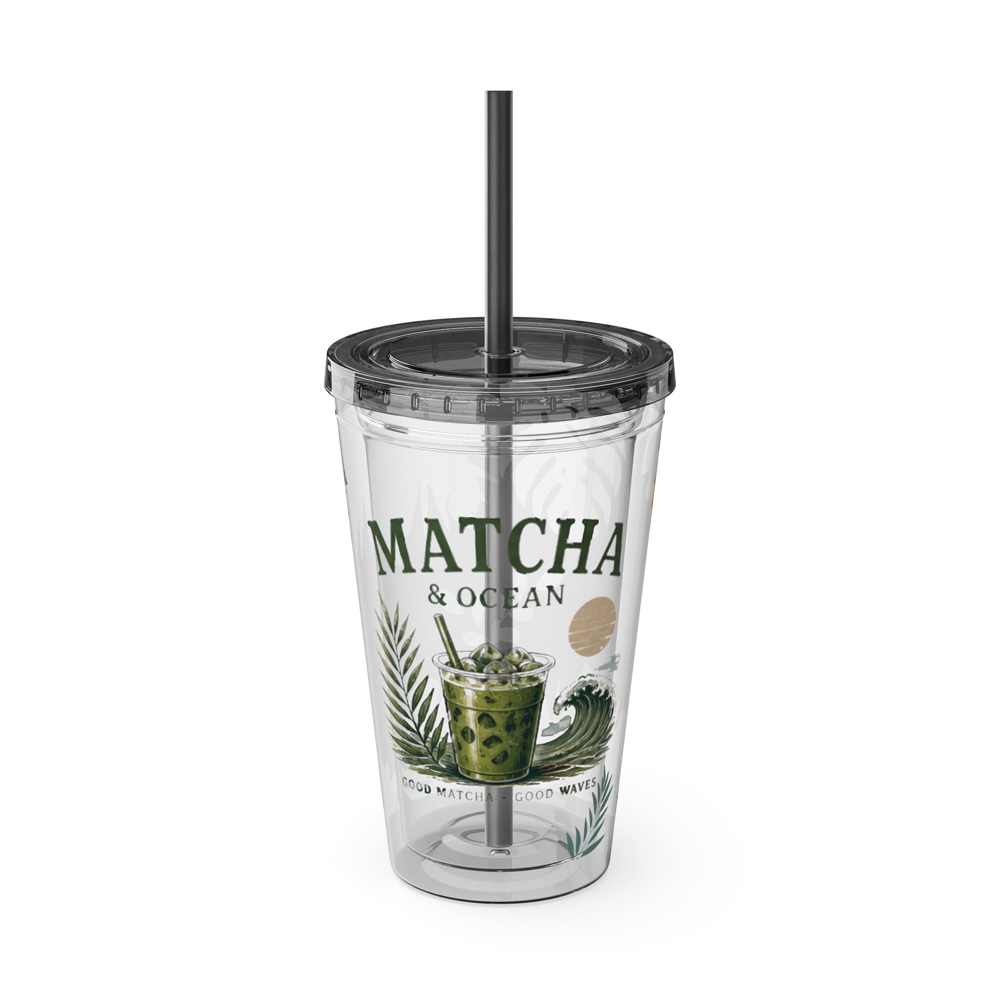 Matcha & Ocean 16oz Tumbler with Straw — Tropical Leaf Sunsplash Design